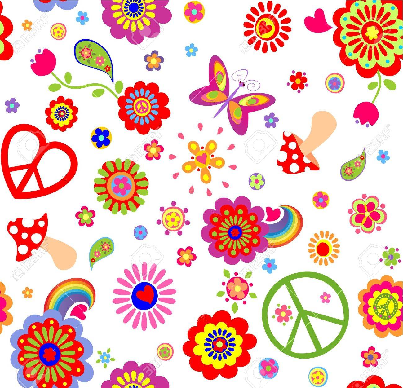 Hippie Childish Funny Wallpaper With Abstract Flowers Mushrooms