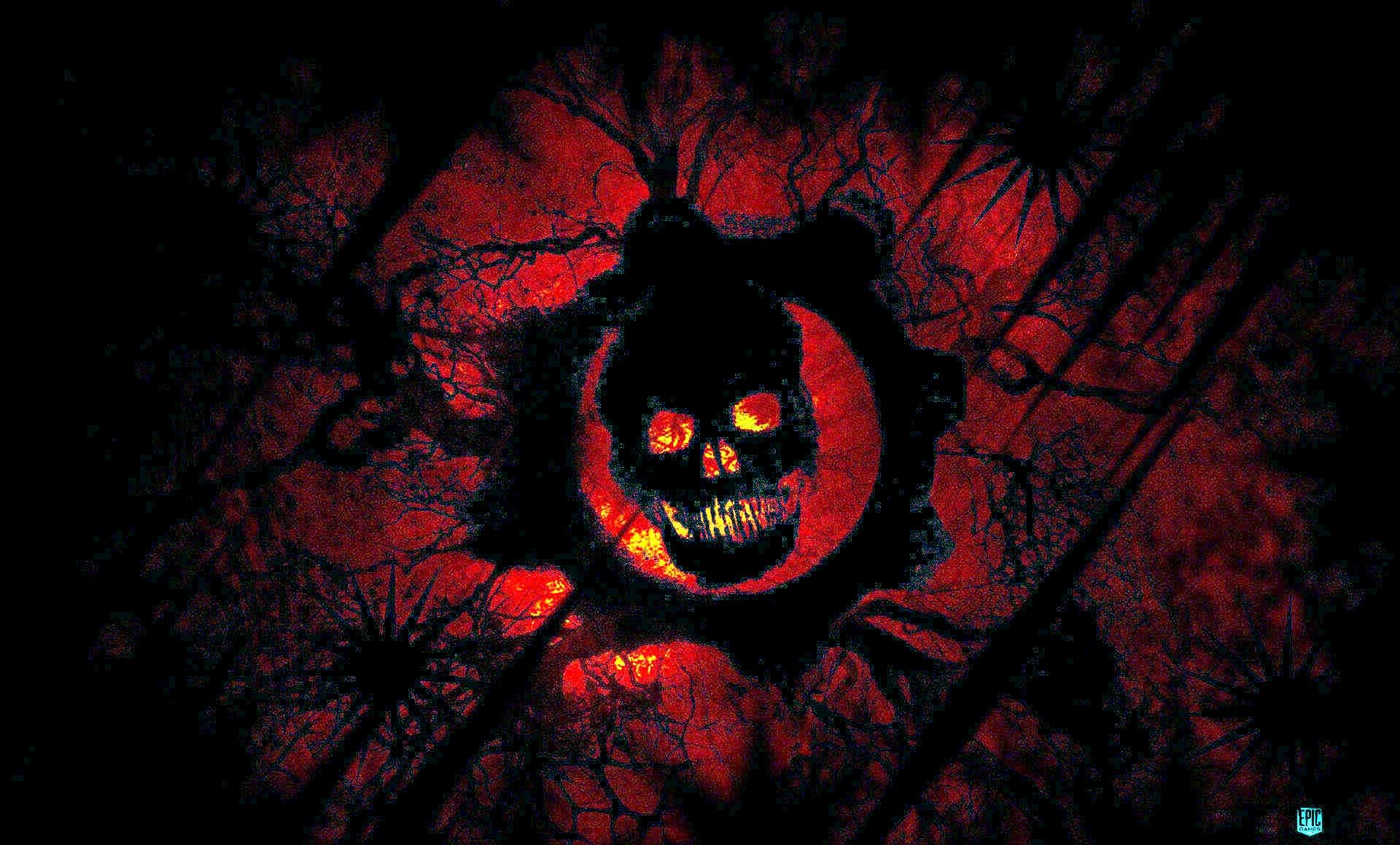 A chilling illustration of a skull emblem, reminiscent of the Gears of War logo, set against a backdrop of a blood-red sky and dark, silhouetted trees