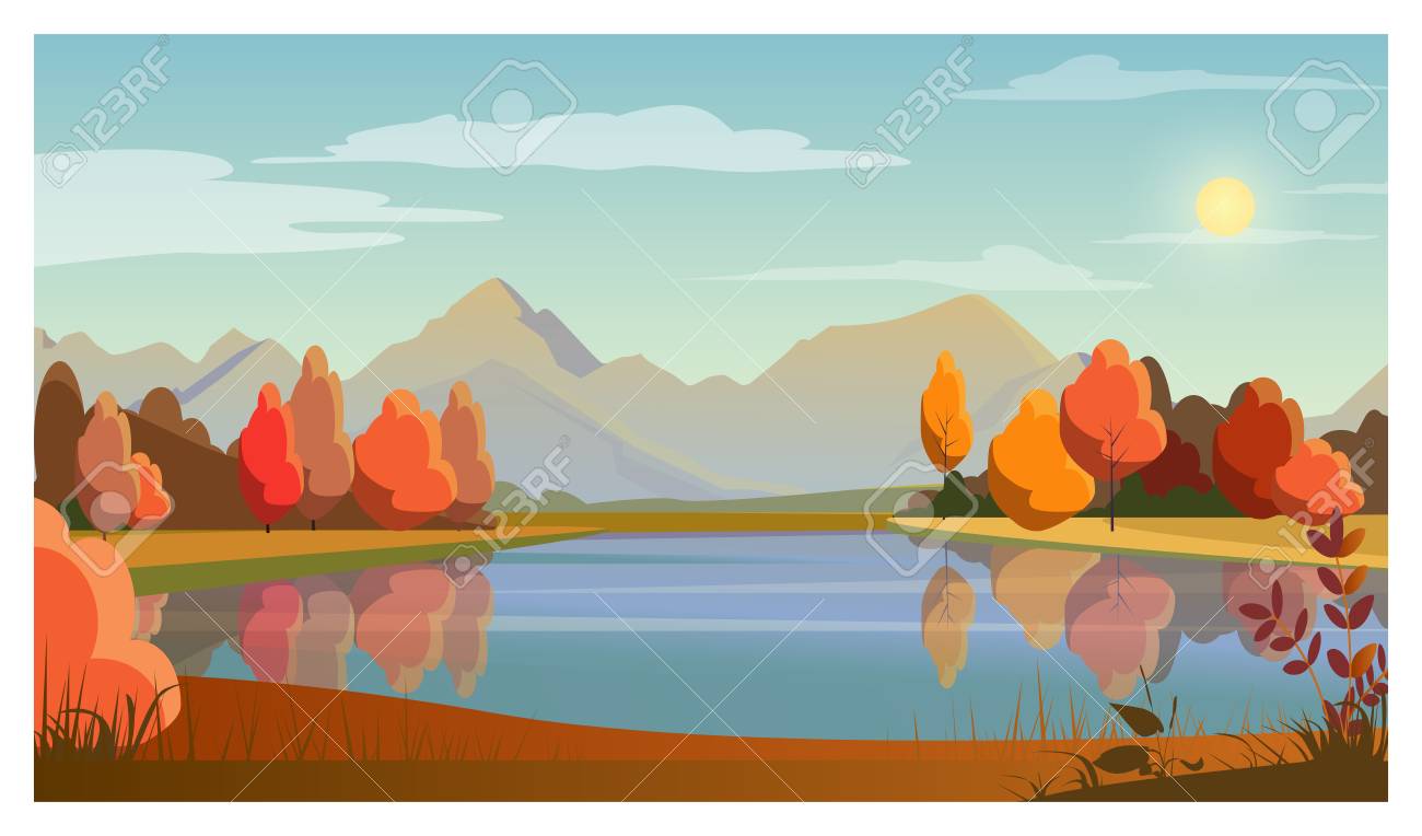 Landscape With Lake Trees Sun And Mountains In Background