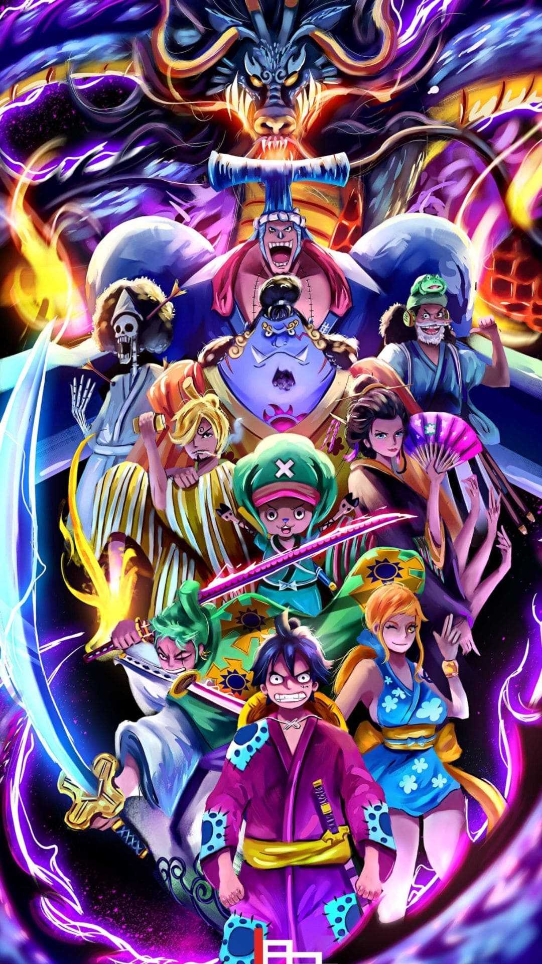 A vibrant 4K wallpaper featuring an ensemble of One Piece characters in a dynamic pose, with Kaido looming in the background