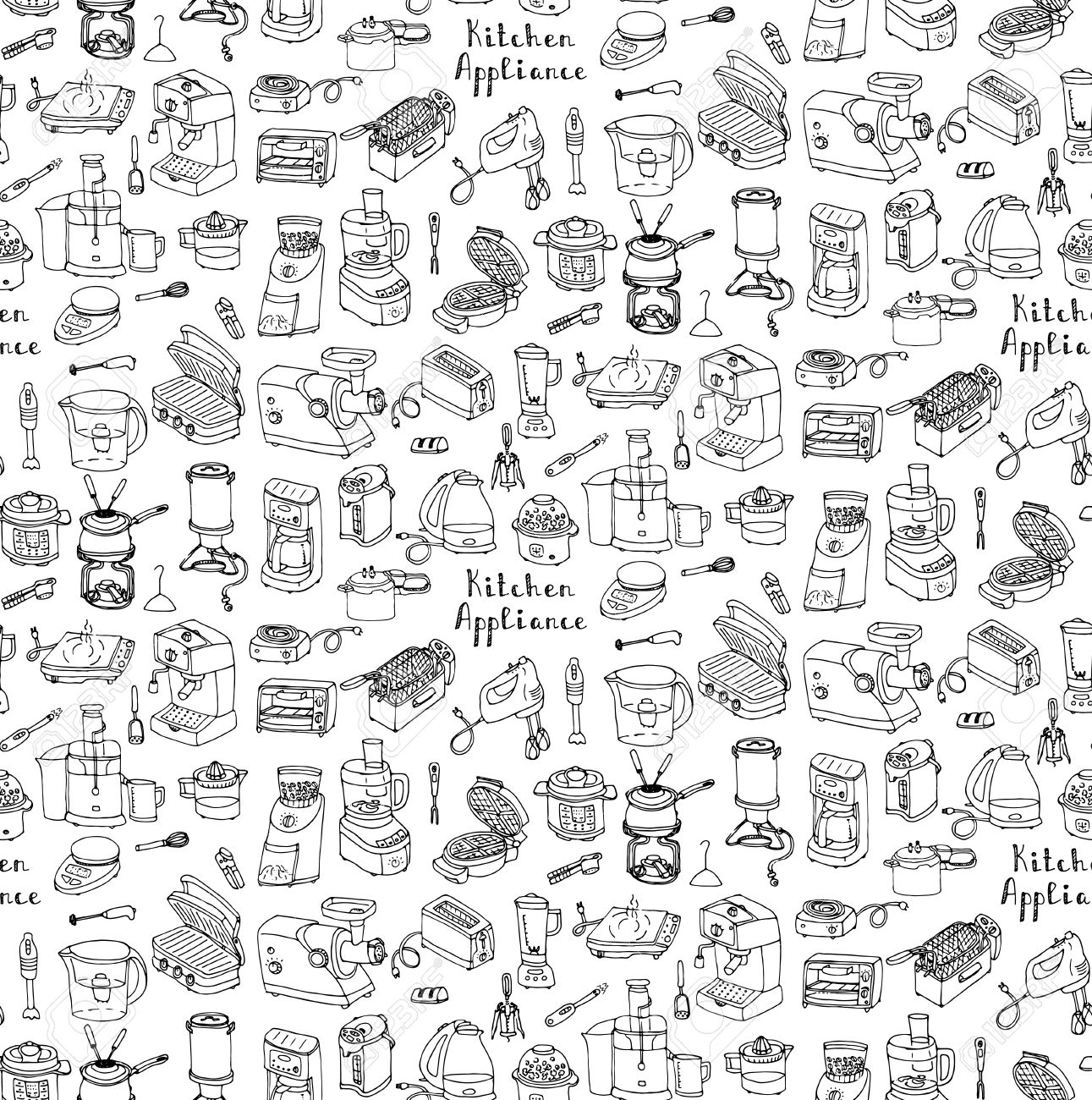 Seamless Background Hand Drawn Doodle Kitchen Appliance Vector