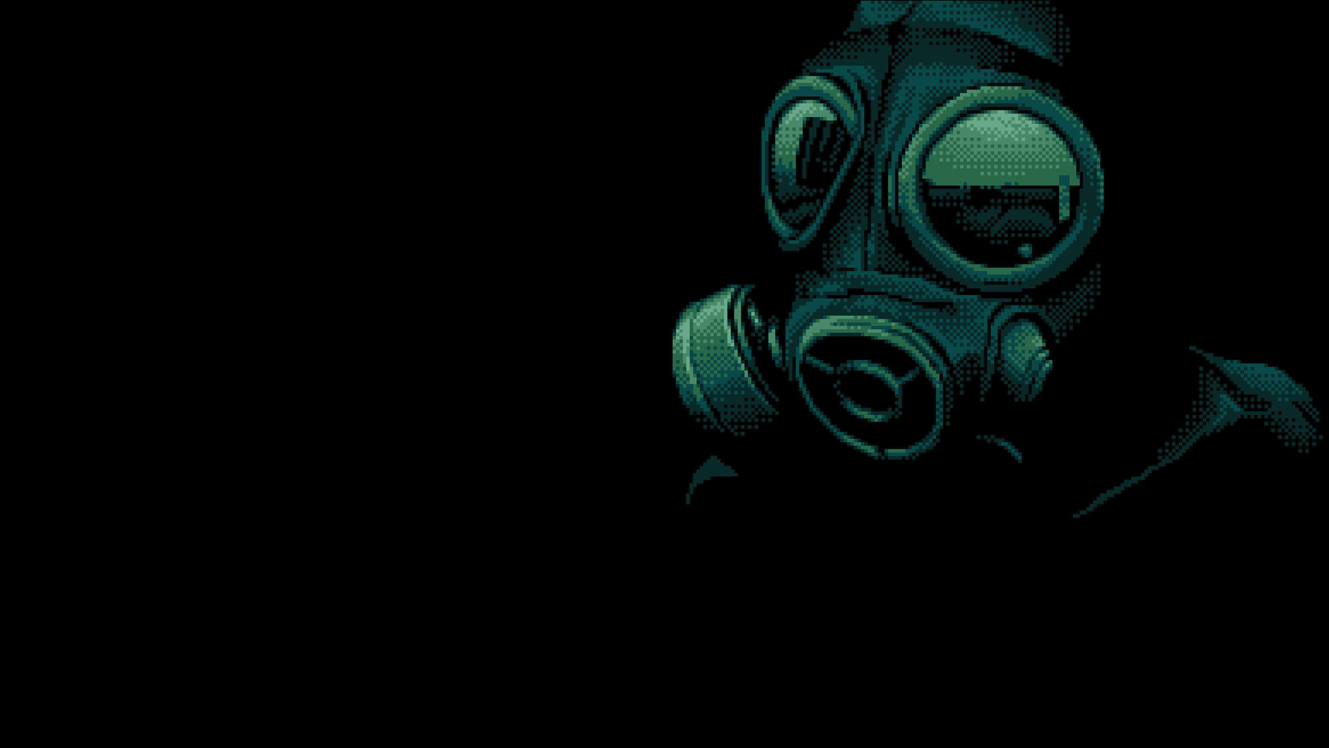 Pixel art illustration of a person wearing a gas mask against a dark background, suitable for a dark-themed wallpaper