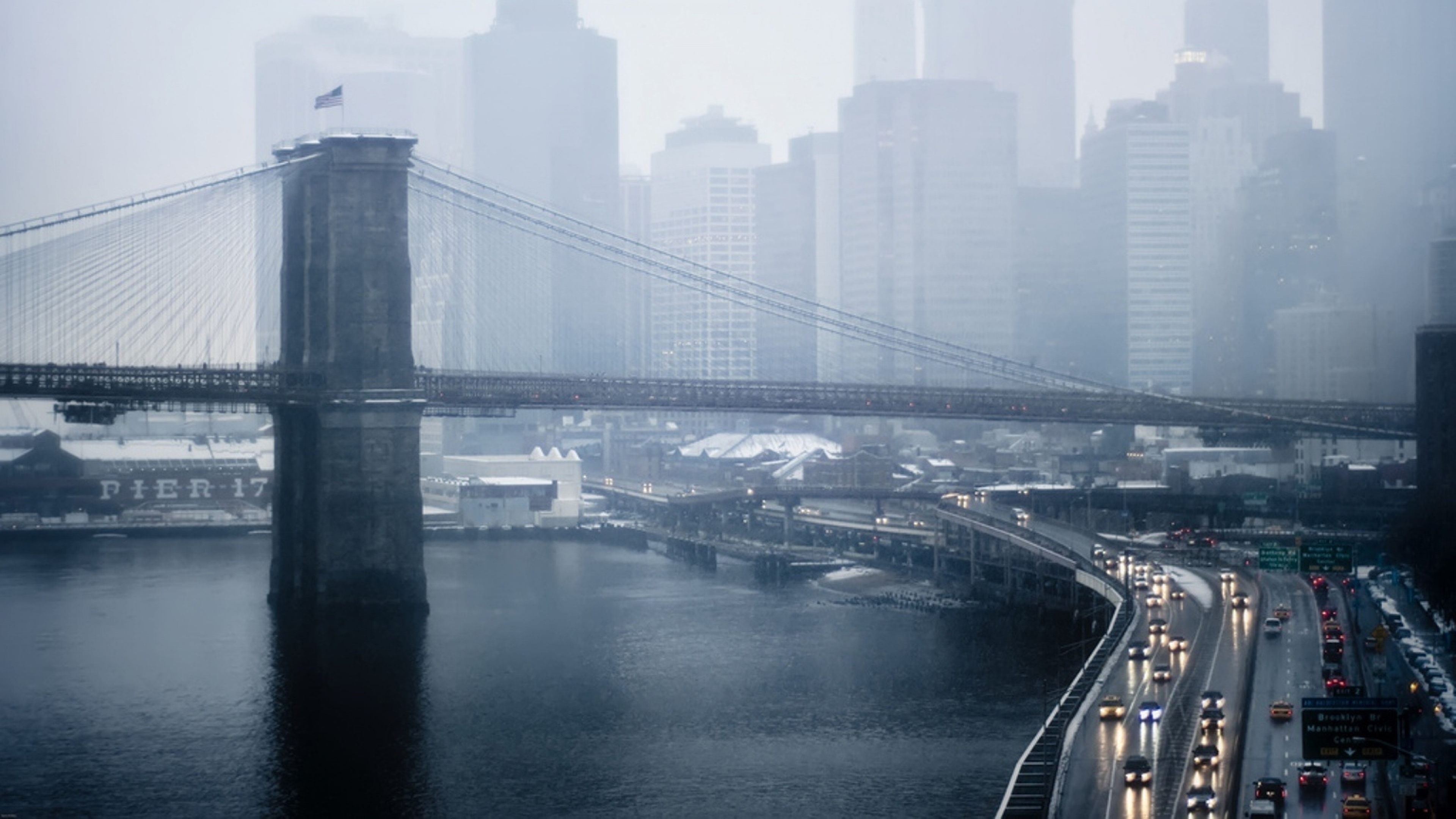 Wallpaper New York Bridge Fog Rain 4k Ultra HD