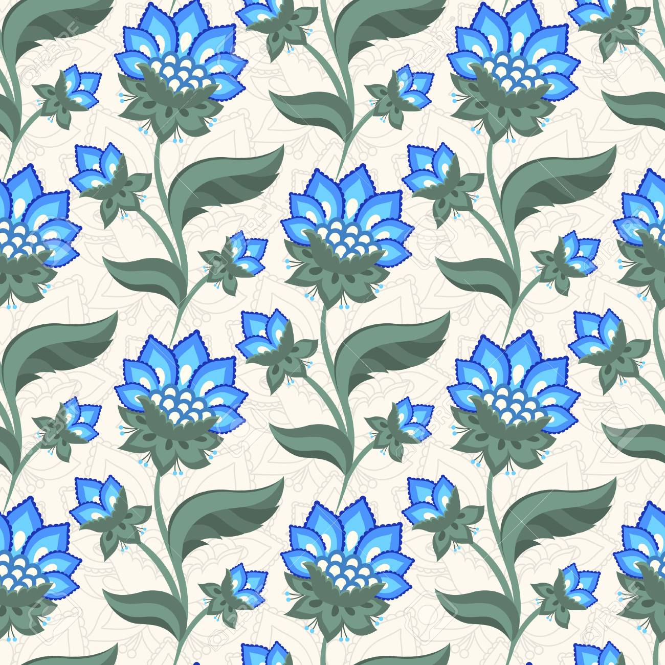 Floral Seamless Pattern Jacobean Style Flowers Colorful Herbal