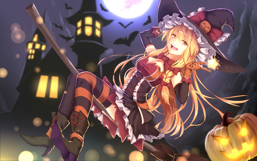Wallpaper Anime Girl Halloween Costume Witch Broom Dress