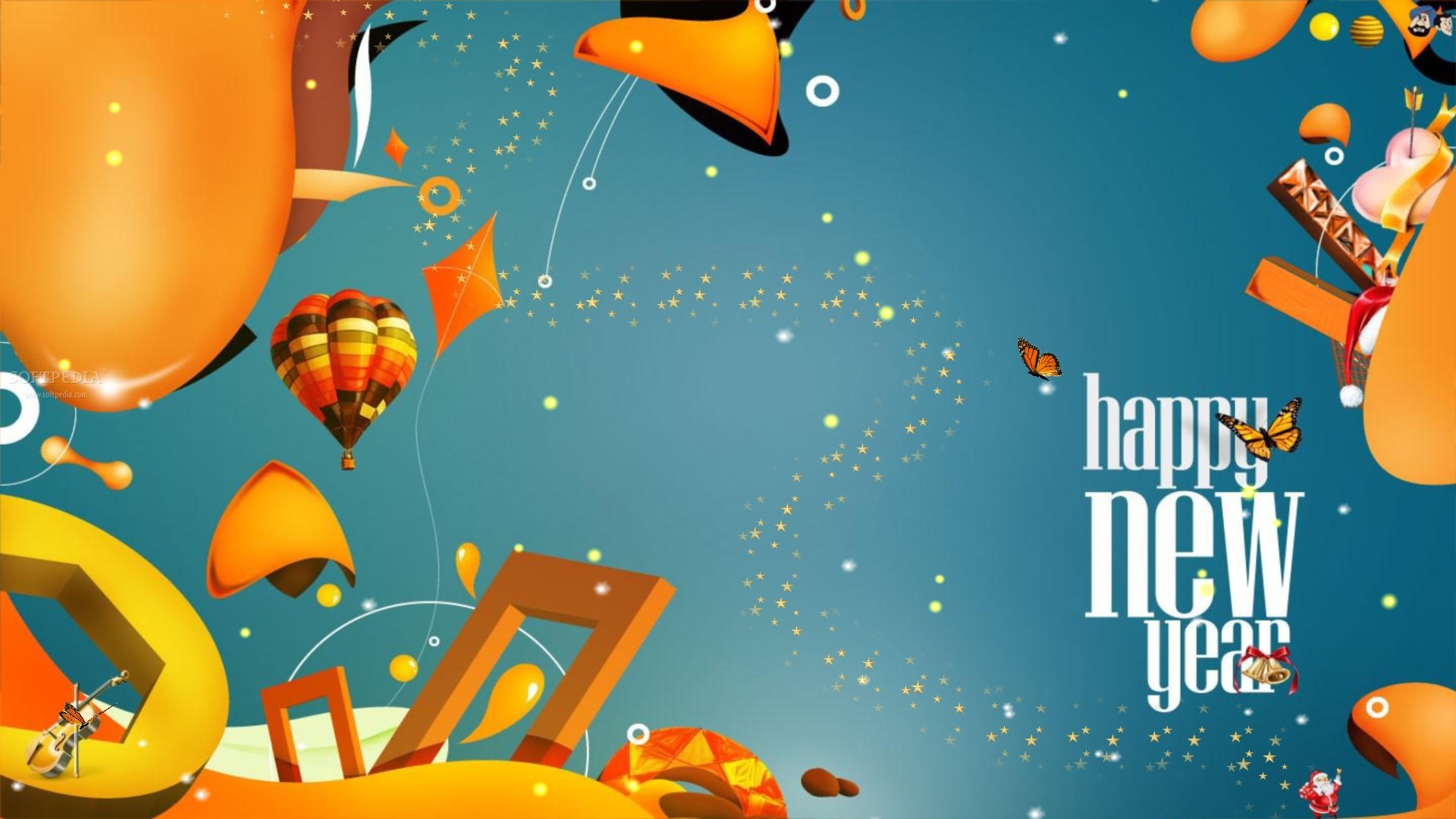 A vibrant and abstract New Year's desktop wallpaper with hot air balloons, kites, butterflies, and musical notes on a teal background