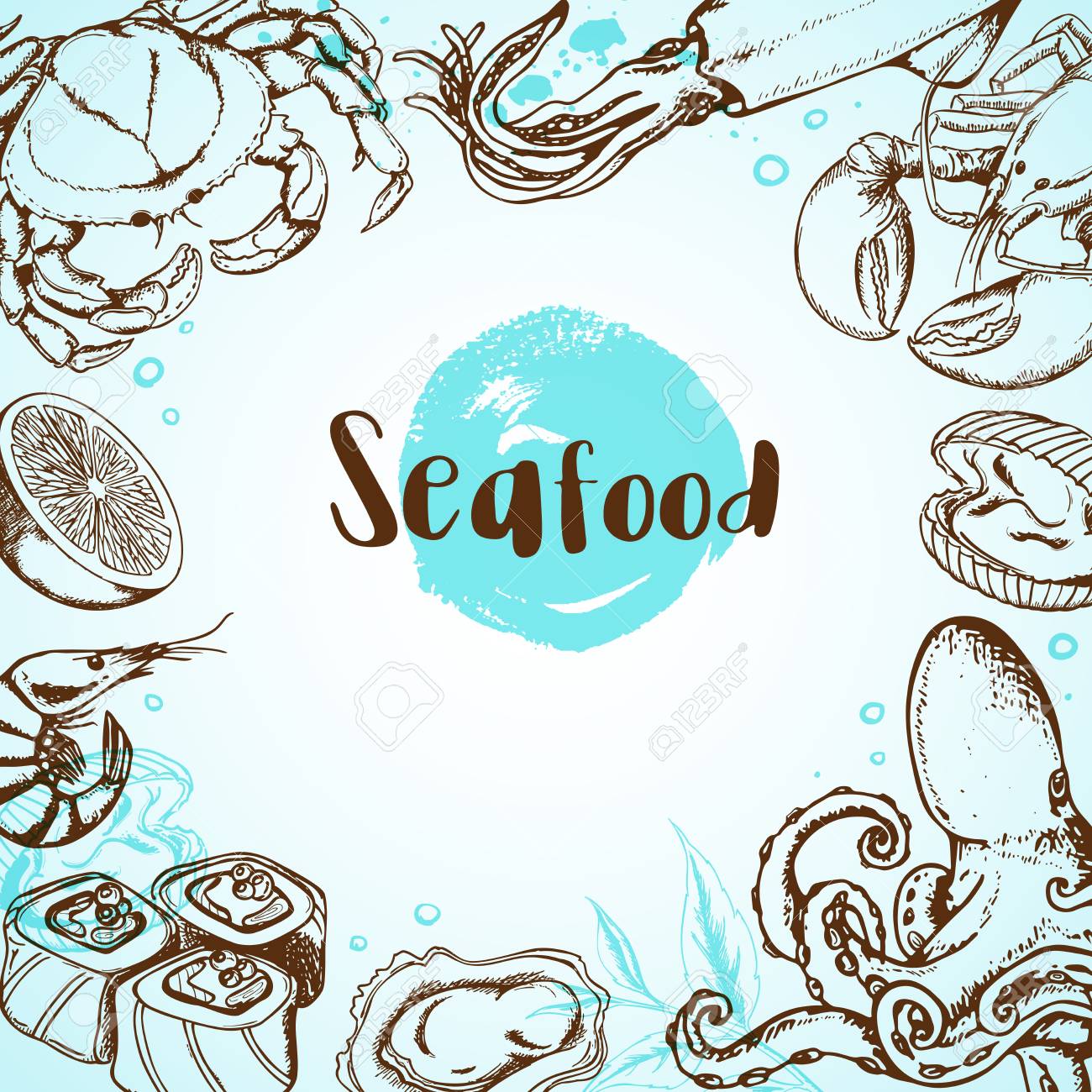 Vintage Seafood Menu Background With Octopus Crab Shrimp And