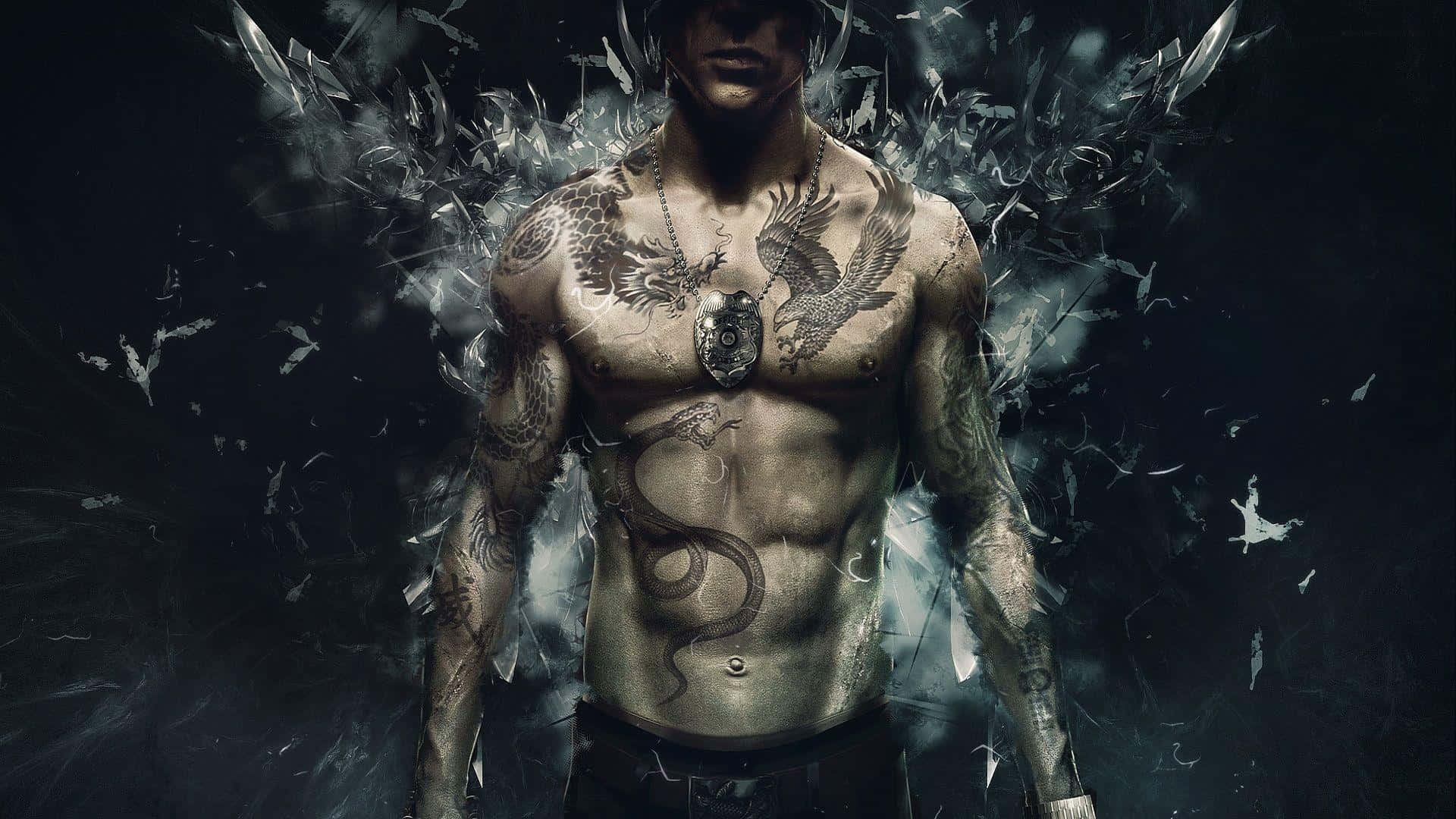 A shirtless man with intricate tattoos covering his chest and arms, including a dragon, eagle, snake, and a police badge, stands against a dark, abstract background