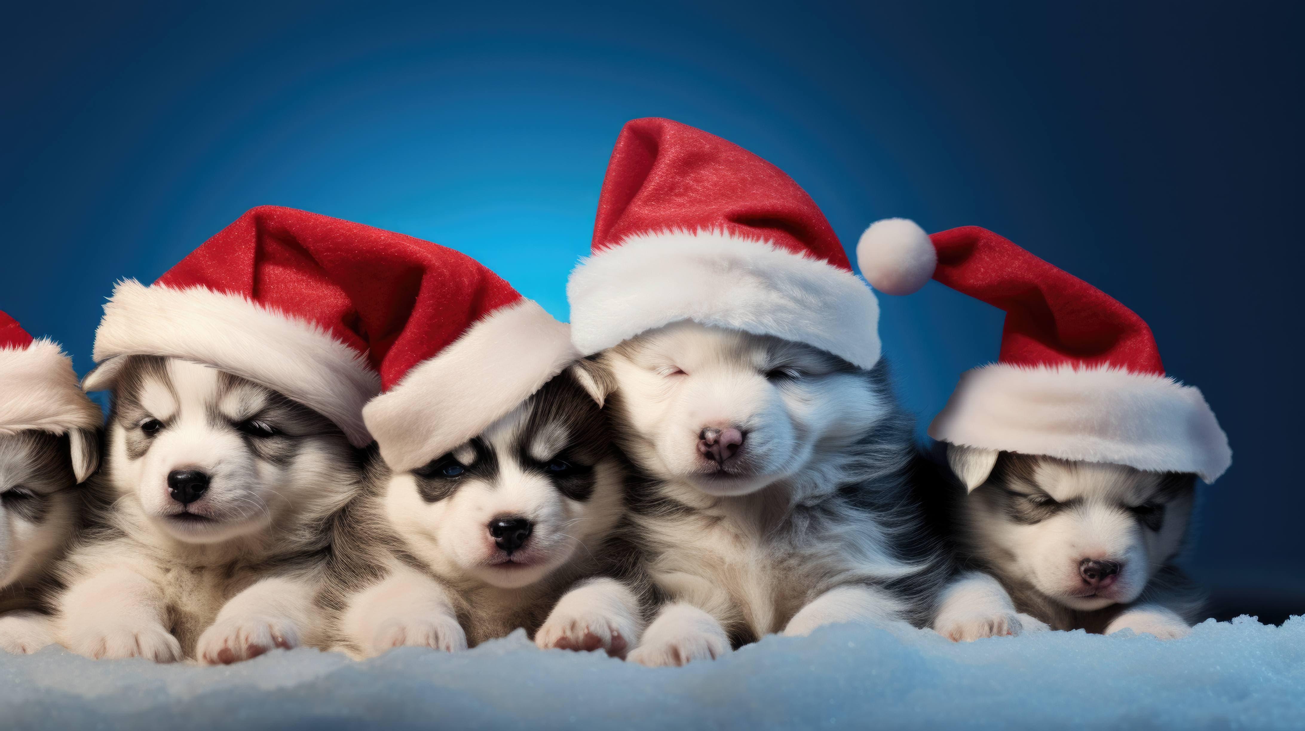 A Santa Hat Sits Atop Pile Of Furry Husky Puppies Bringing
