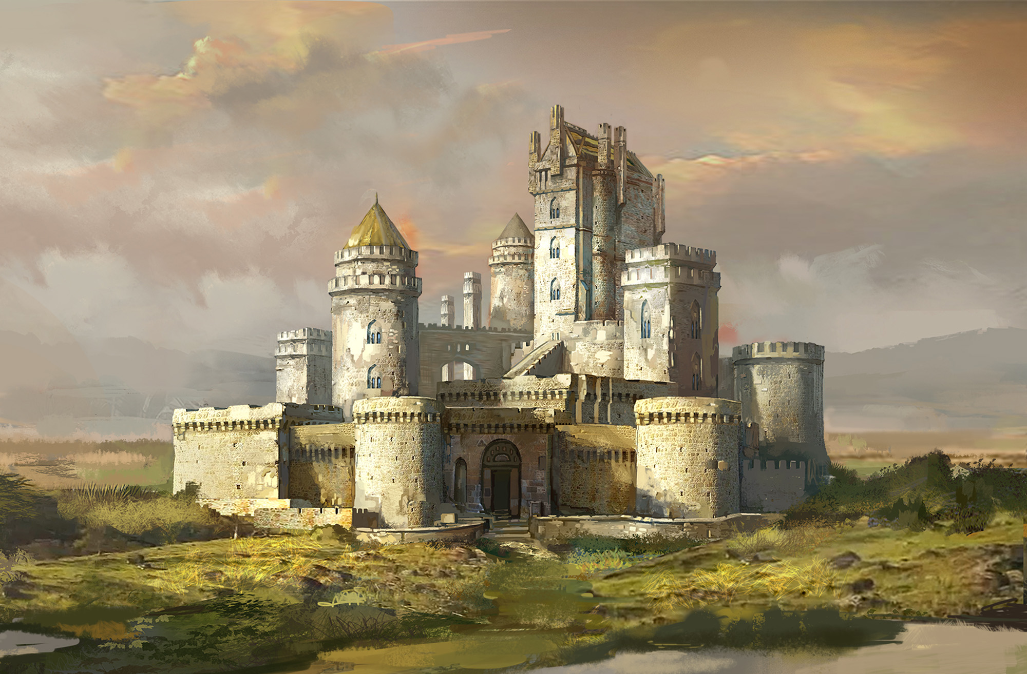 A majestic medieval castle standing tall against a dramatic sunset sky. Its stone walls and towers exude strength and history, while the surrounding landscape adds to its grandeur