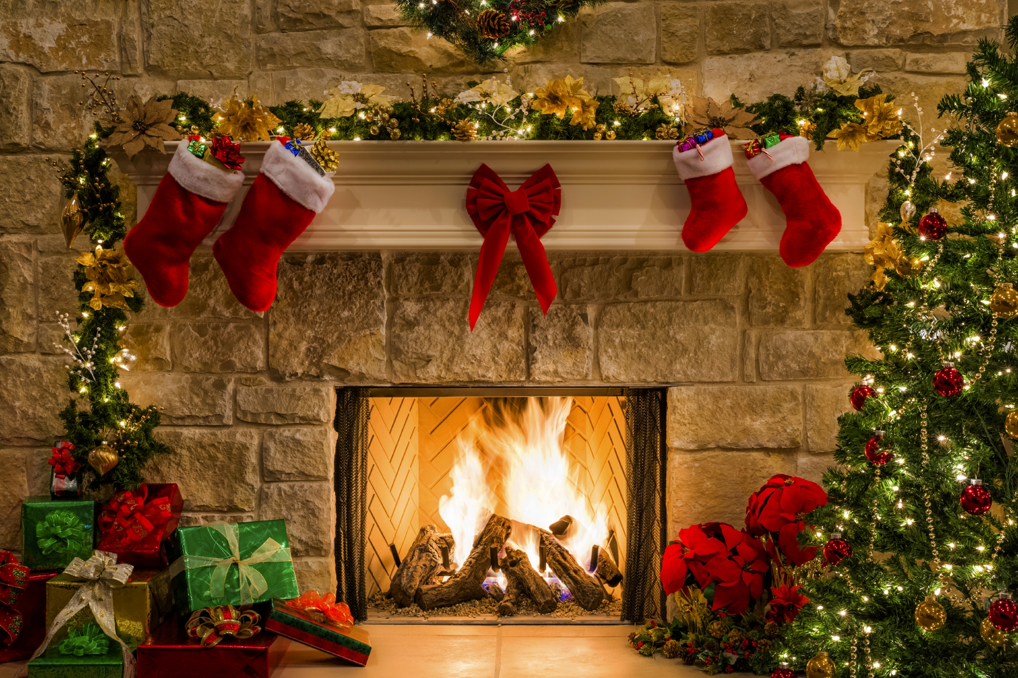 Christmas Happy New Year Boxes Gifts Holiday Fireplace Wallpaper