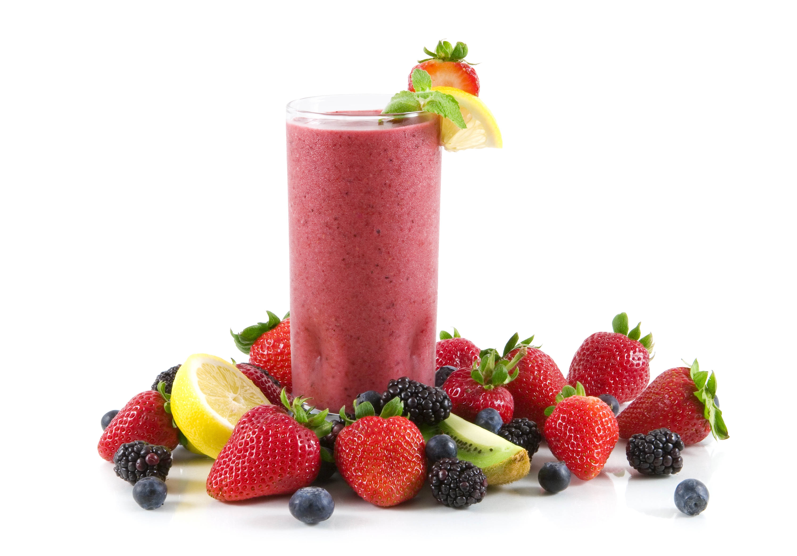 Juice Glass Strawberry Mulberry Lemon White Background Blueberries
