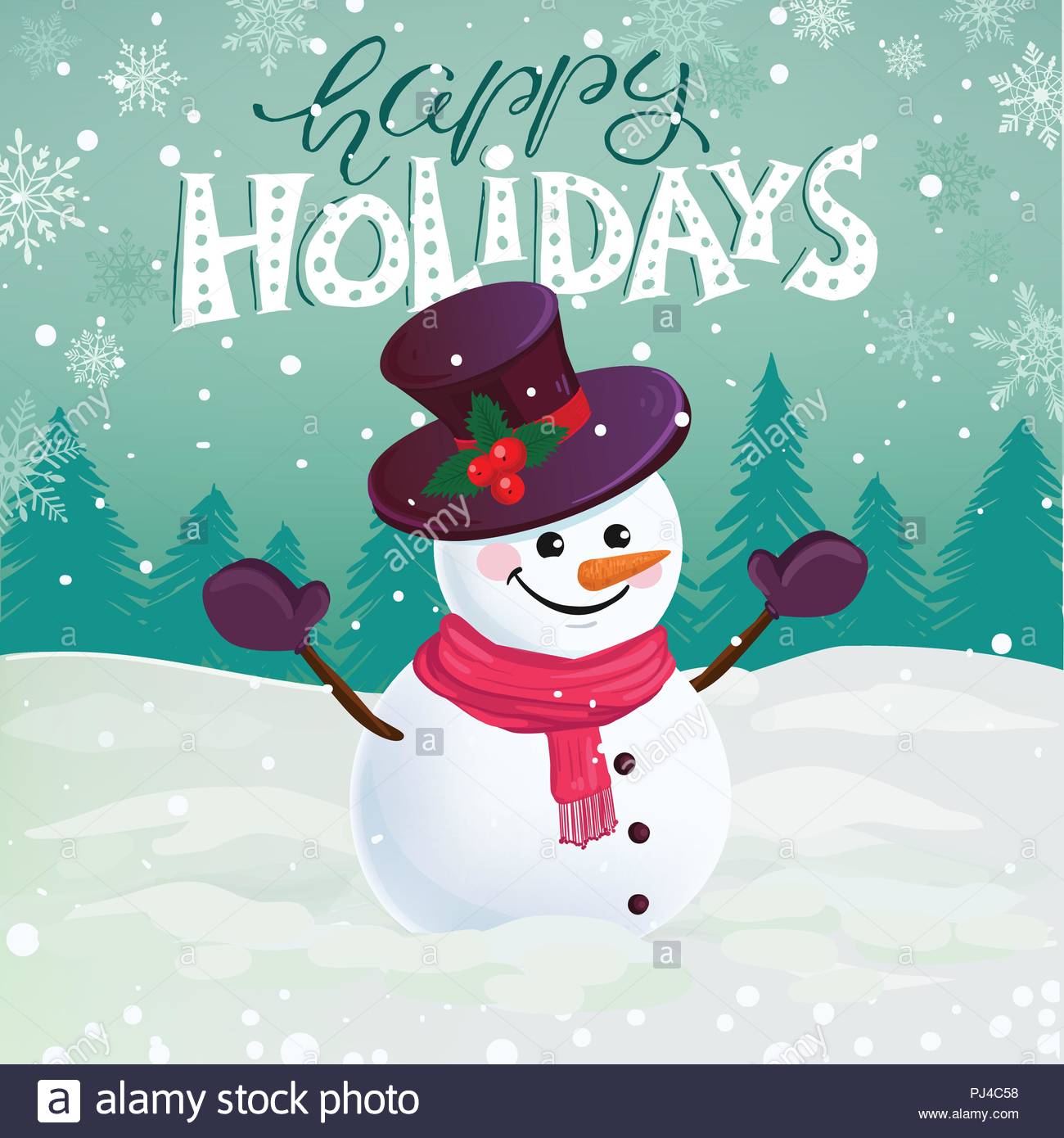Funny Snowman In Hat Scarf And Mittens On Snowy Background With
