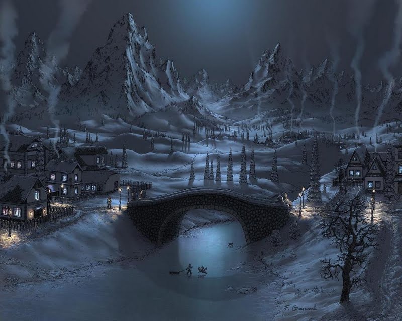 High Resolution Winter Village At Night Desktop Laptop Wallpaper