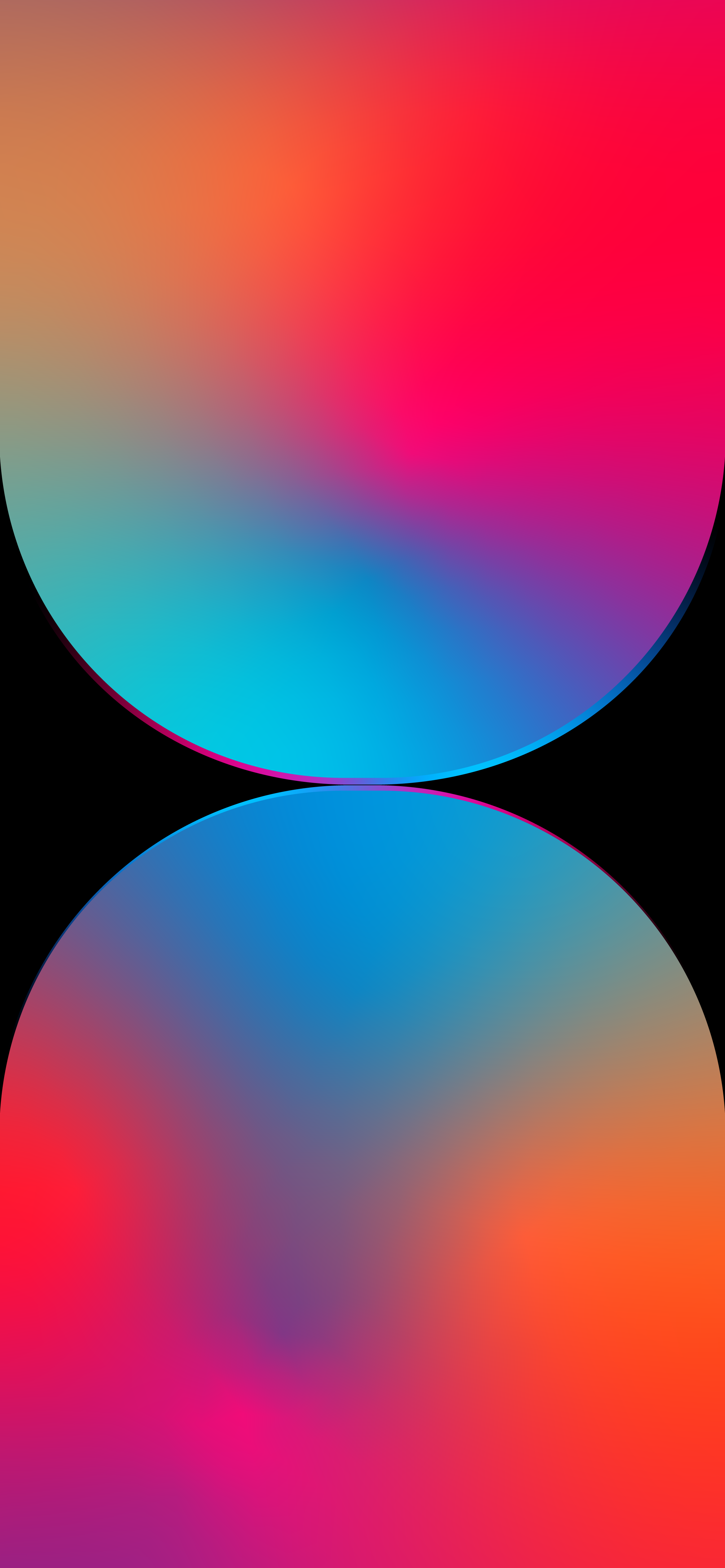 Abstract, vibrant wallpaper featuring a gradient blend of orange, pink, and blue, reflected symmetrically with a subtle black divide, suitable for iPhone 14 Pro Max