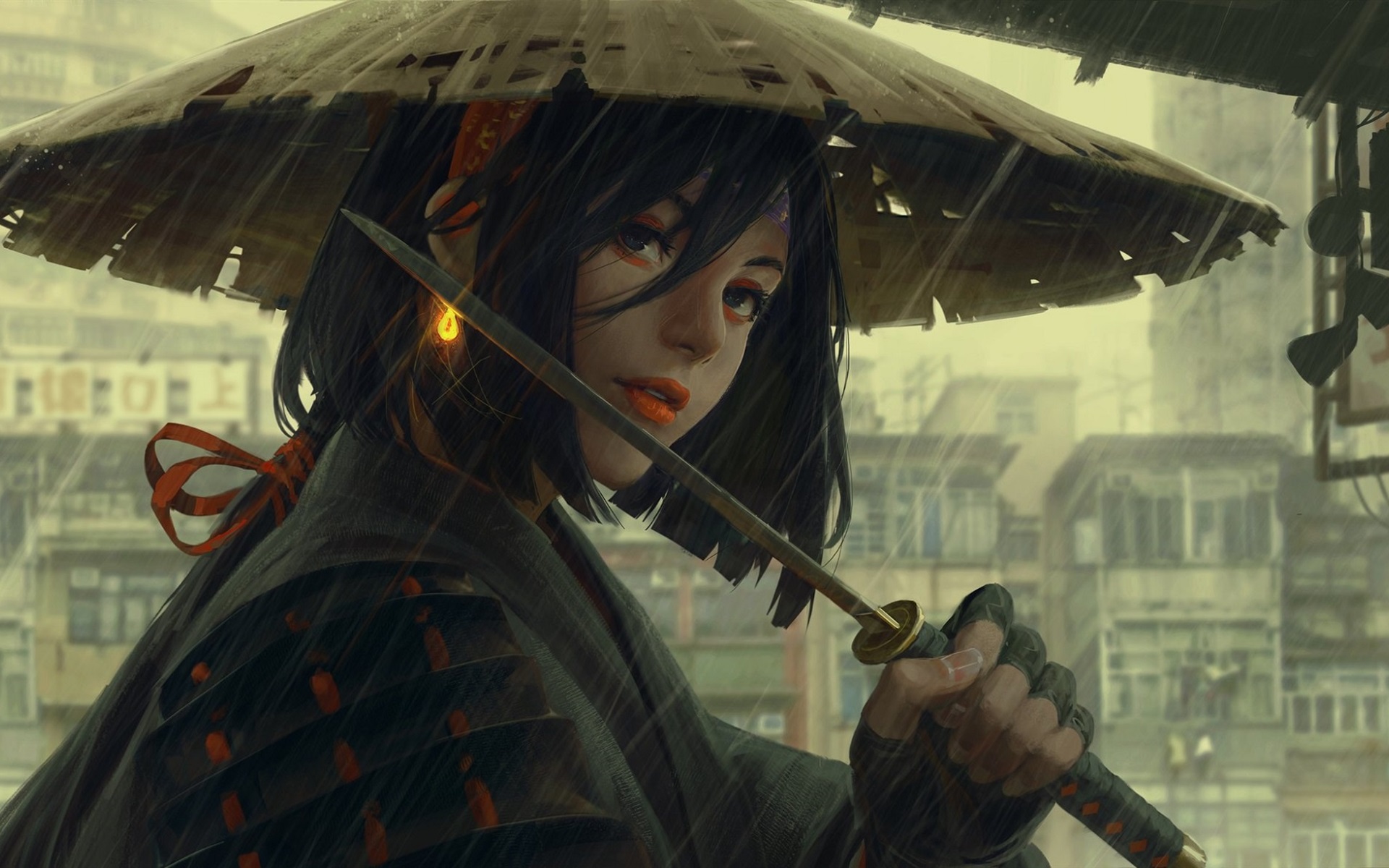 Wallpaper Japanese Girl Hat Rain Sword Art Painting