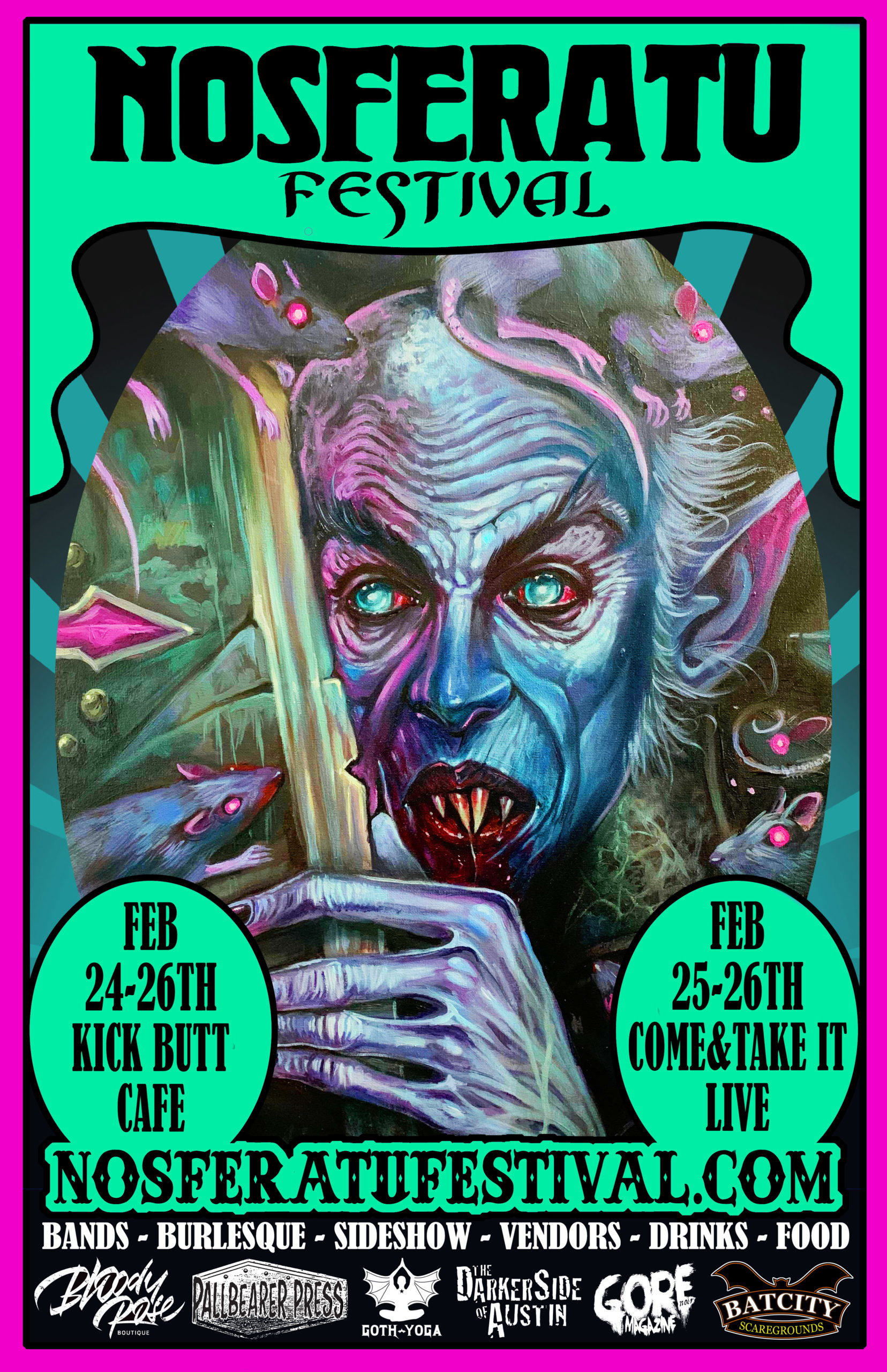 Promotional poster for Nosferatu Festival 2024, featuring a Nosferatu-like figure surrounded by rats