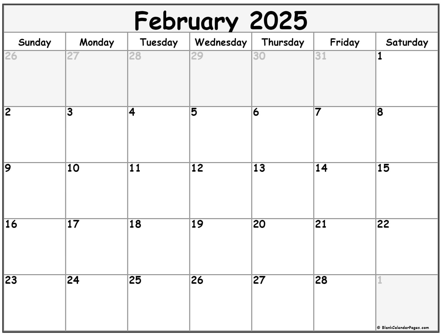 February 2025 calendar template. Blank printable calendar for February 2025