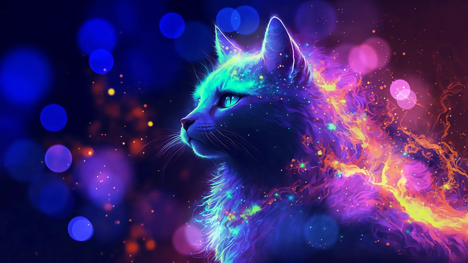 A vibrant, neon-colored cat with a cosmic, nebula-like mane against a backdrop of bokeh lights