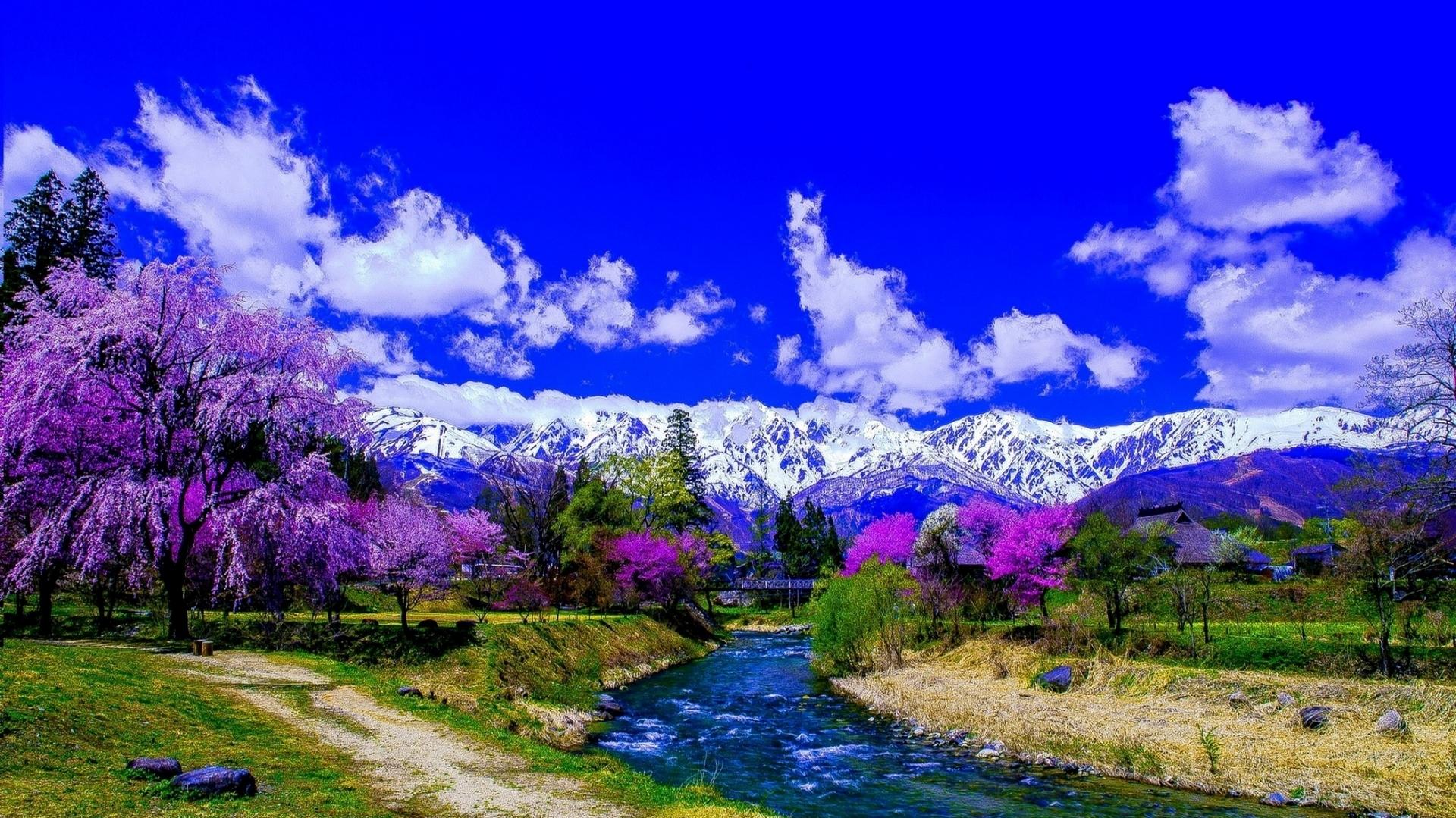Spring Trees Clouds Sky Mountains Flowers River
