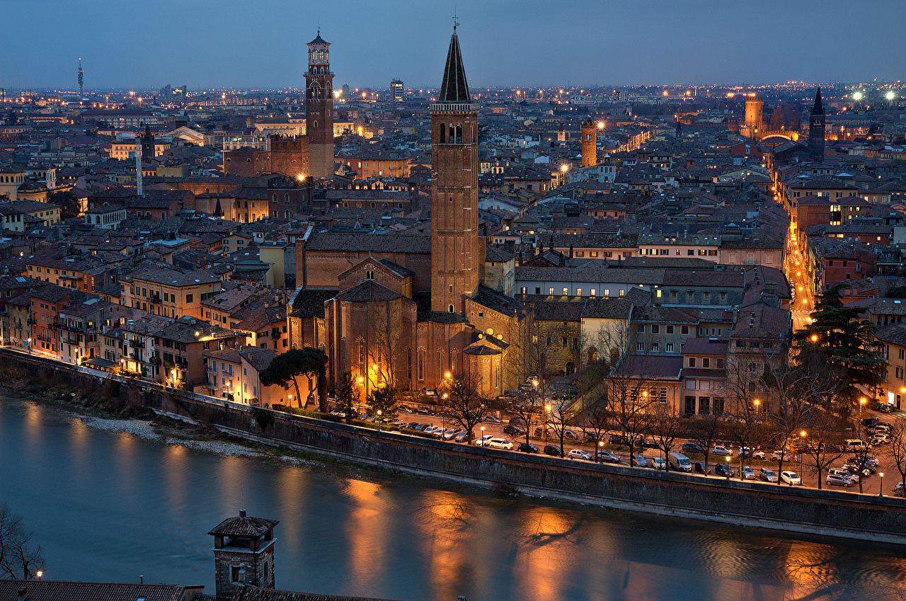 Wallpaper Verona Italy Rivers Night Time Cities Houses