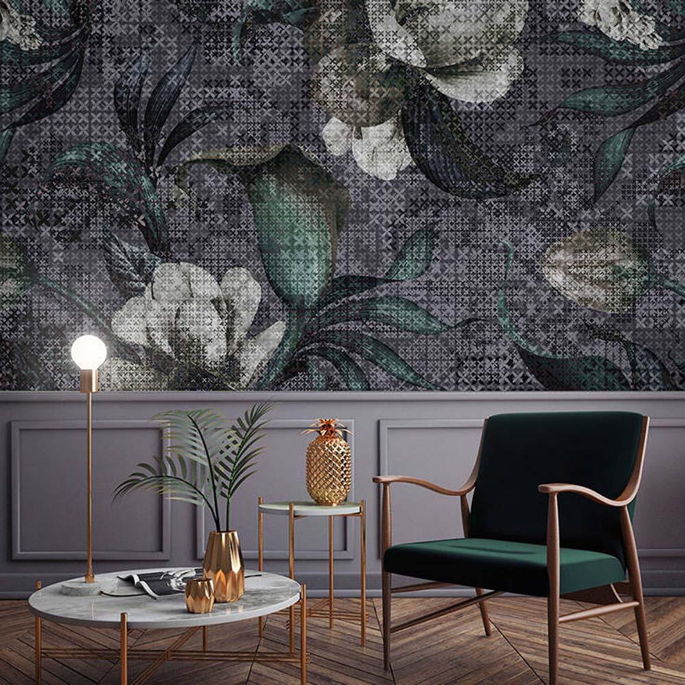 Floral Mosaic Wallpaper Mural In Grey Green White Your Walls