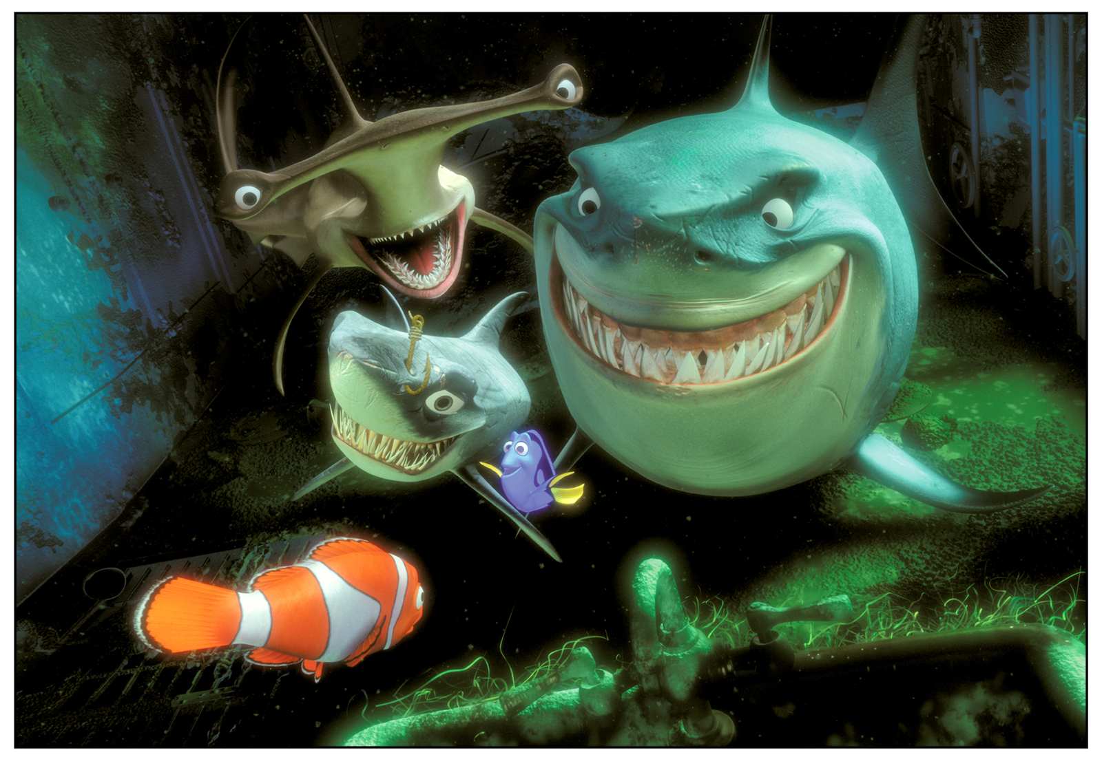 Smiling sharks and fish from Finding Nemo in a dark underwater scene