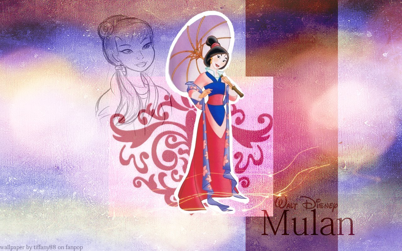 A stylized image of Mulan from Disney's Mulan, holding a parasol against a colorful backdrop