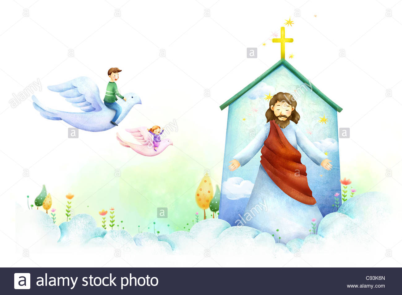Jesus Christ With Children Sitting On Bird Flying In The