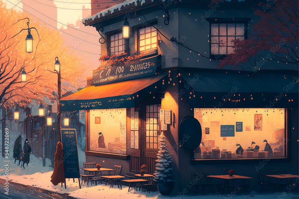 Christmas Coffee Shop With Snow And Warm Light Decoration In