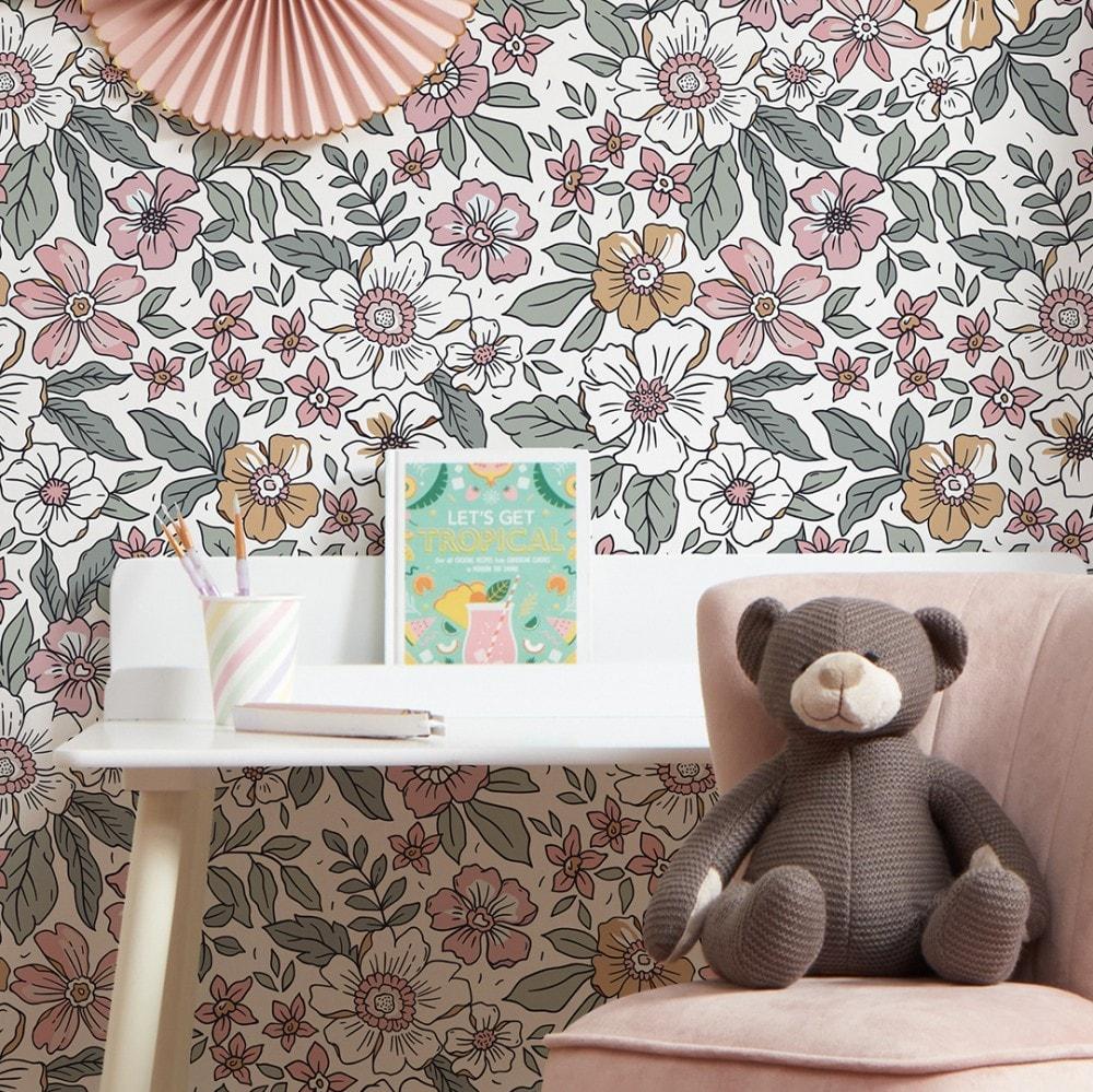 Gorgeous Gardinea Wallpaper In Sage Green And Pink On White I