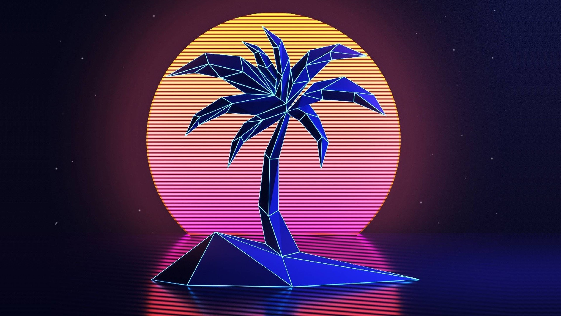 Illustration Sunset Night Neon Blue Palm Trees Retro