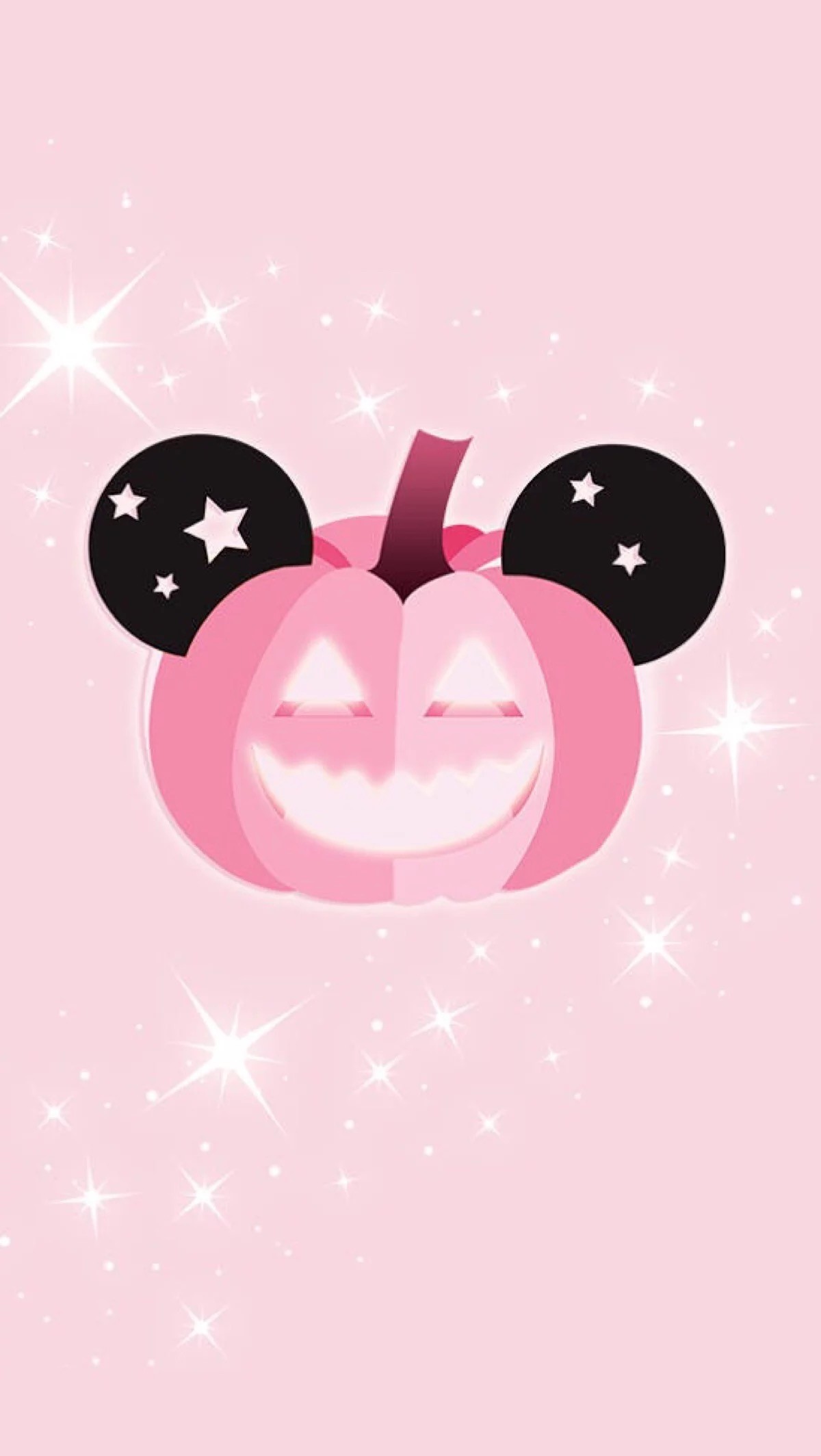 A kawaii pink Halloween pumpkin with Mickey Mouse ears, sparkling on a soft pink background