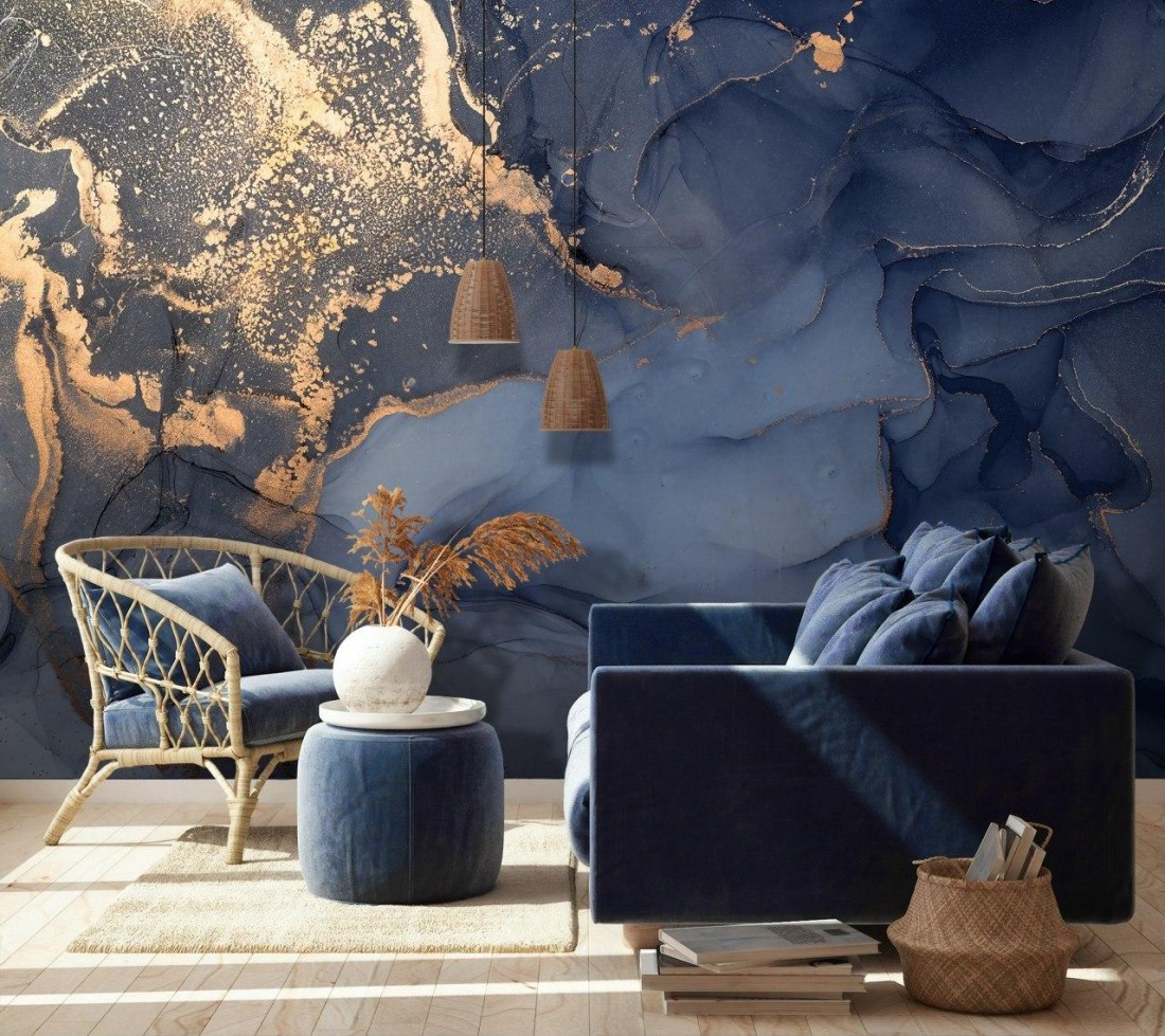 Blue Gold Look Marble with Splash Wallpaper Mural   Wallpaper