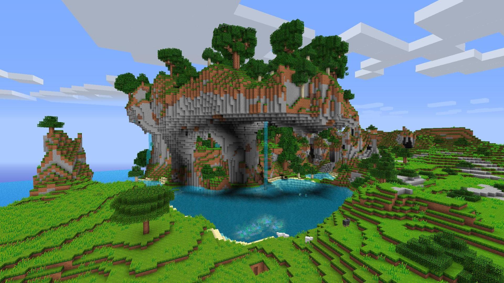 Wallpaper Minecraft Waterfall Mountain Tree Games