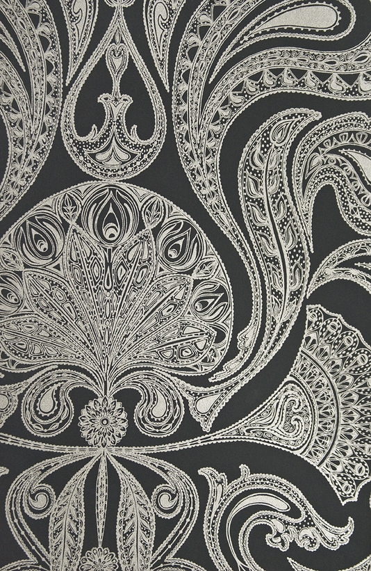 Malabar Wallpaper Black With Large Metallic Silver Paisley
