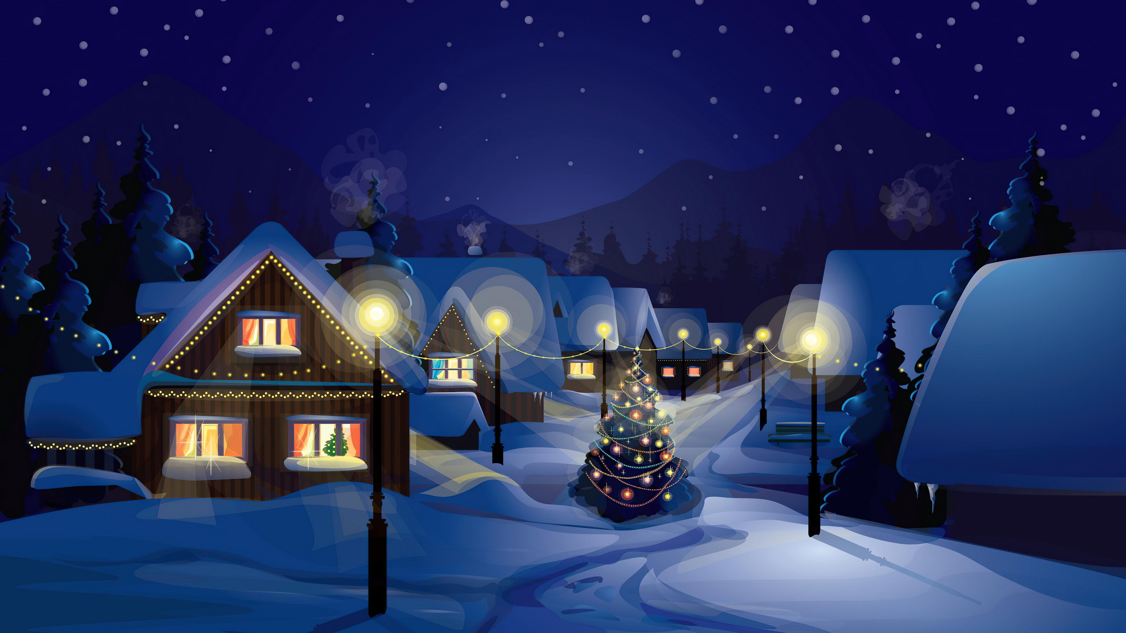 Christmas Tree Village 4K Wallpaper iPhone HD Phone 8030h