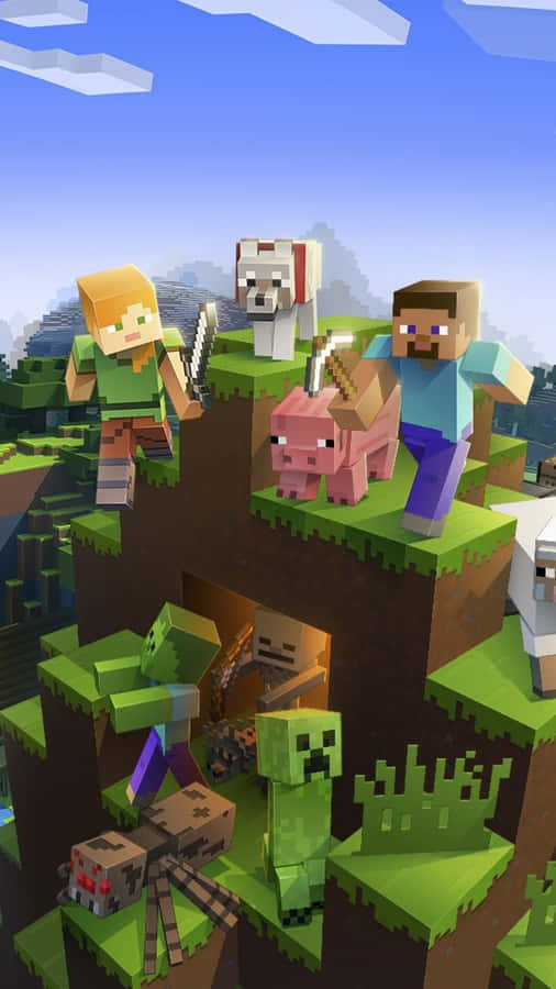 Minecraft characters and mobs in a pixelated landscape