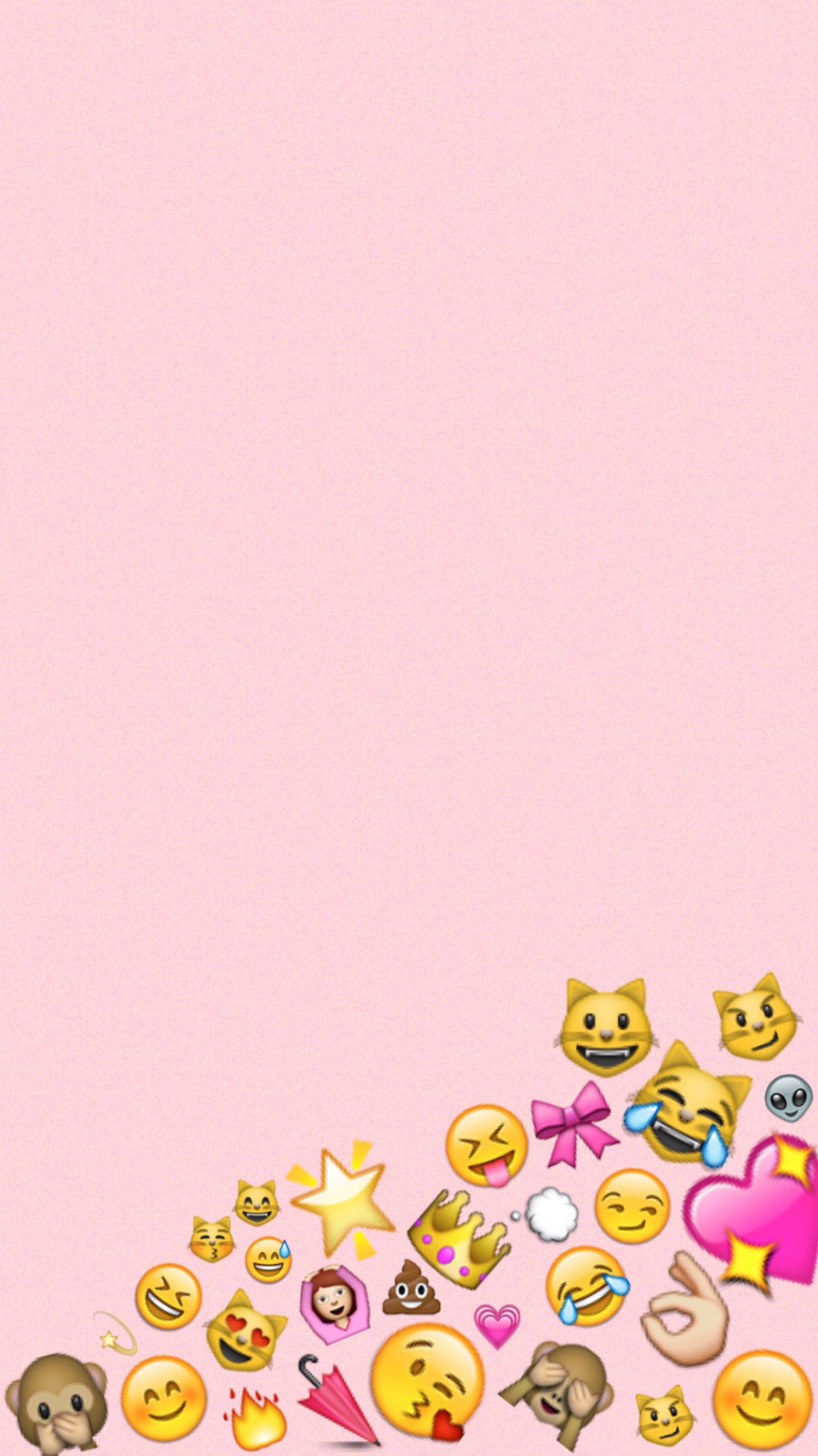 A collection of colorful emojis scattered on a soft pink background, suitable for use as a cheerful and expressive wallpaper