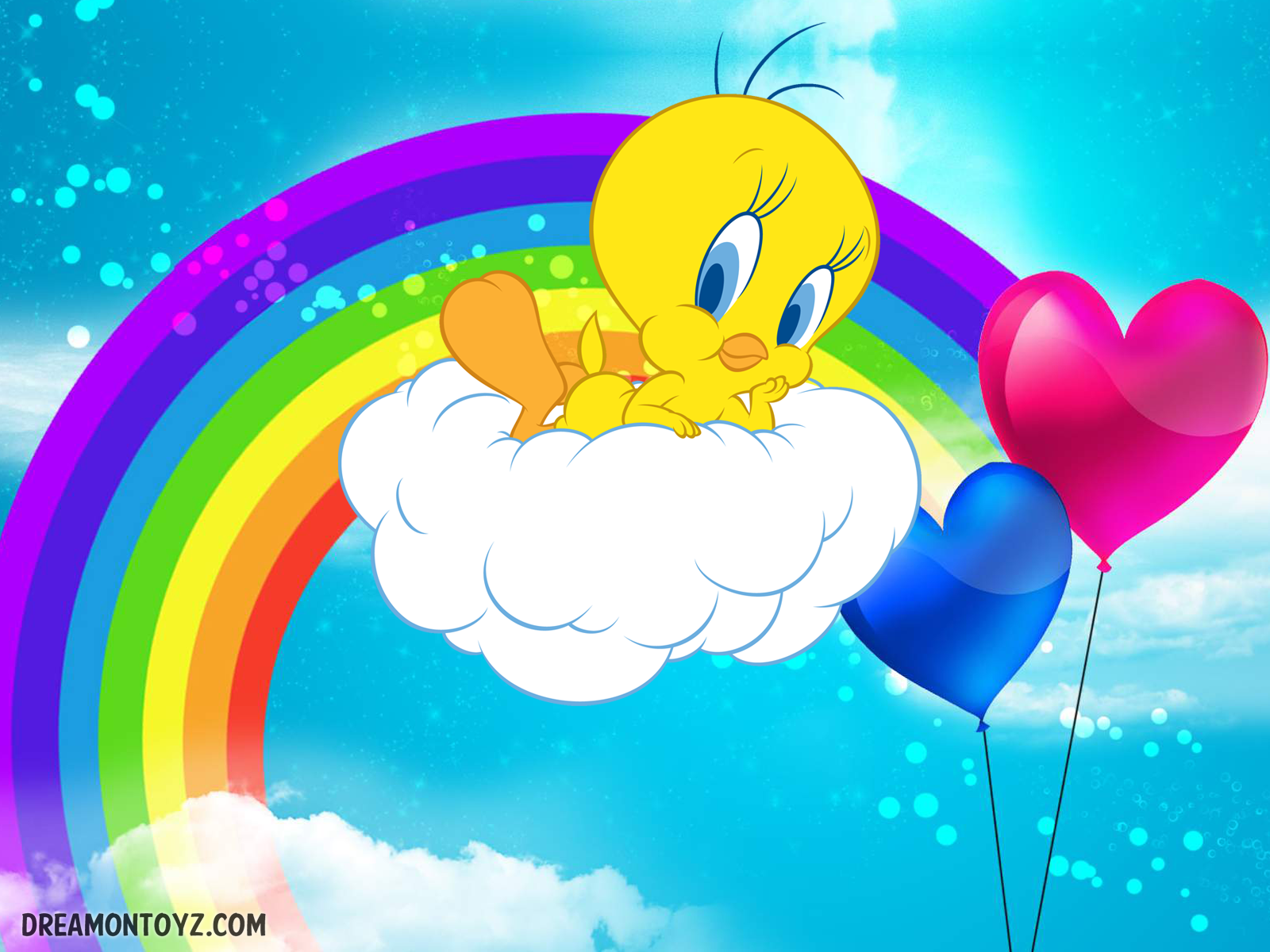 Tweety Bird on a cloud with a rainbow and heart balloons