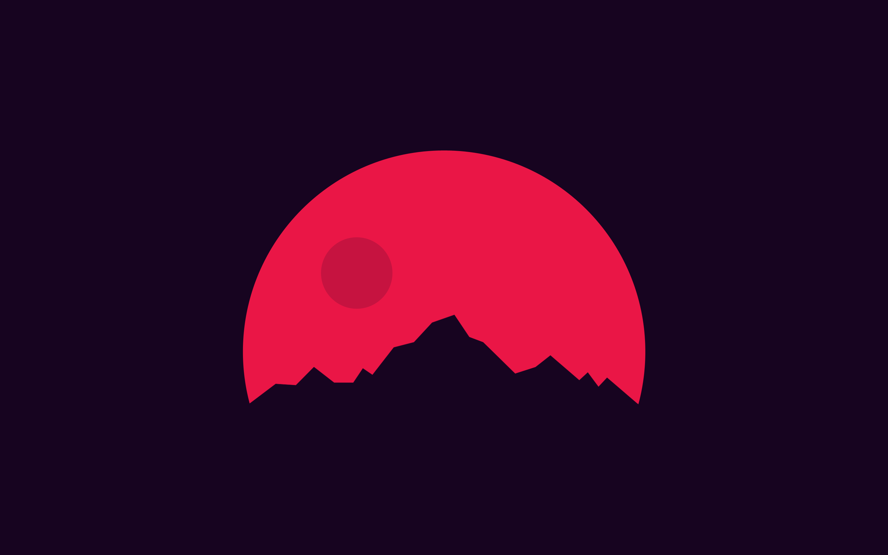 Minimalist depiction of a red sun setting behind dark mountains against a deep purple backdrop