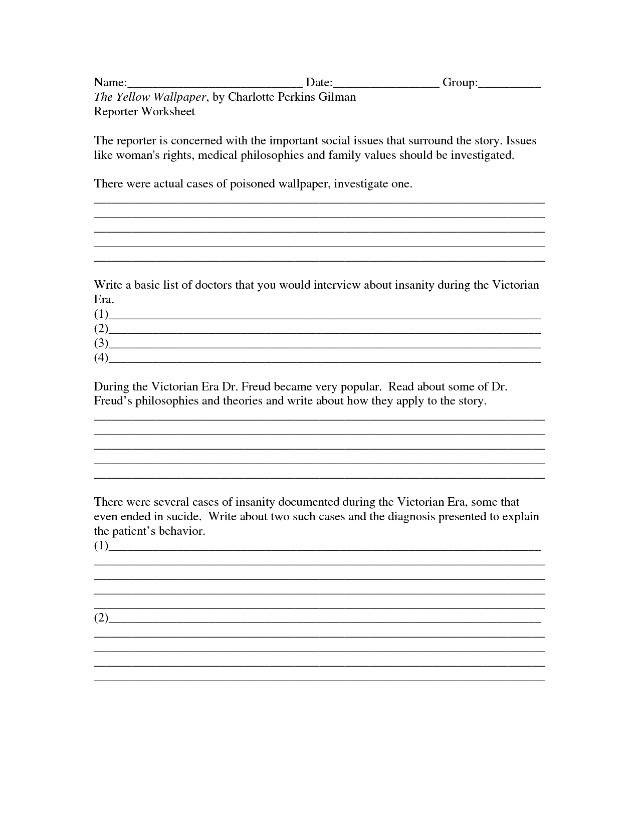 The Yellow Wallpaper By Charlotte Perkins Gilman Er Worksheet