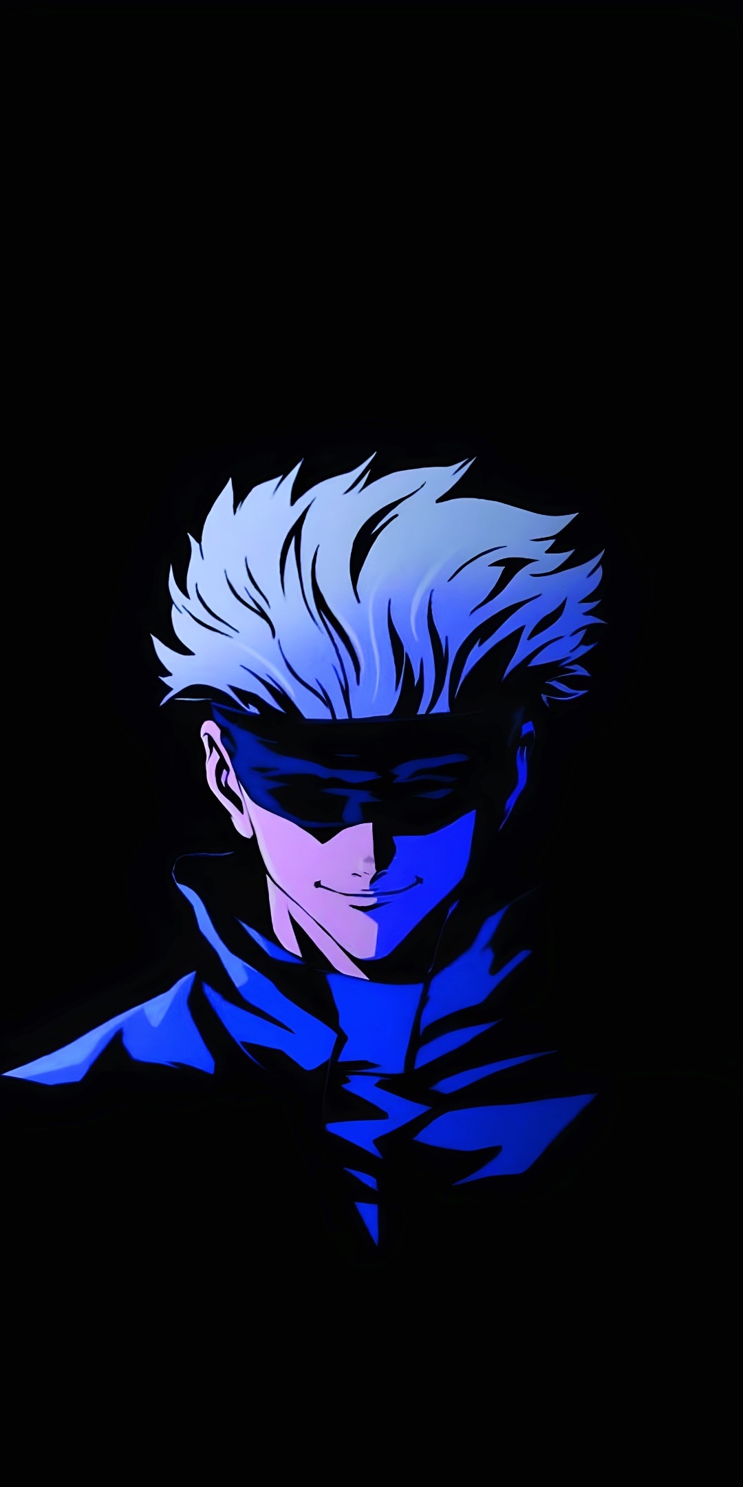 Stylized illustration of an anime-style male character with spiky, light-colored hair and a dark blindfold