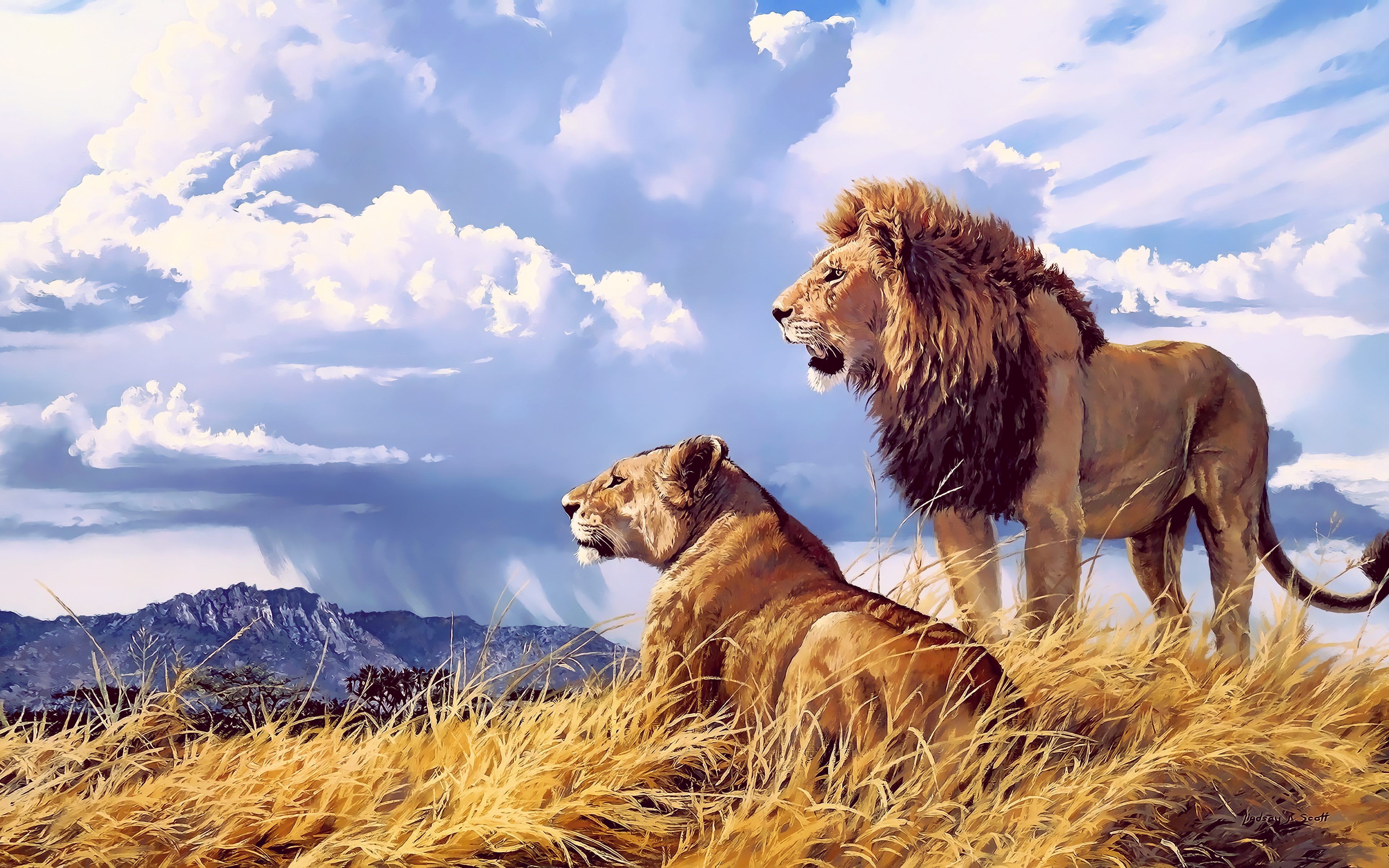 A majestic male and female lion stand watch over the savanna, with a dramatic sky and mountains in the background