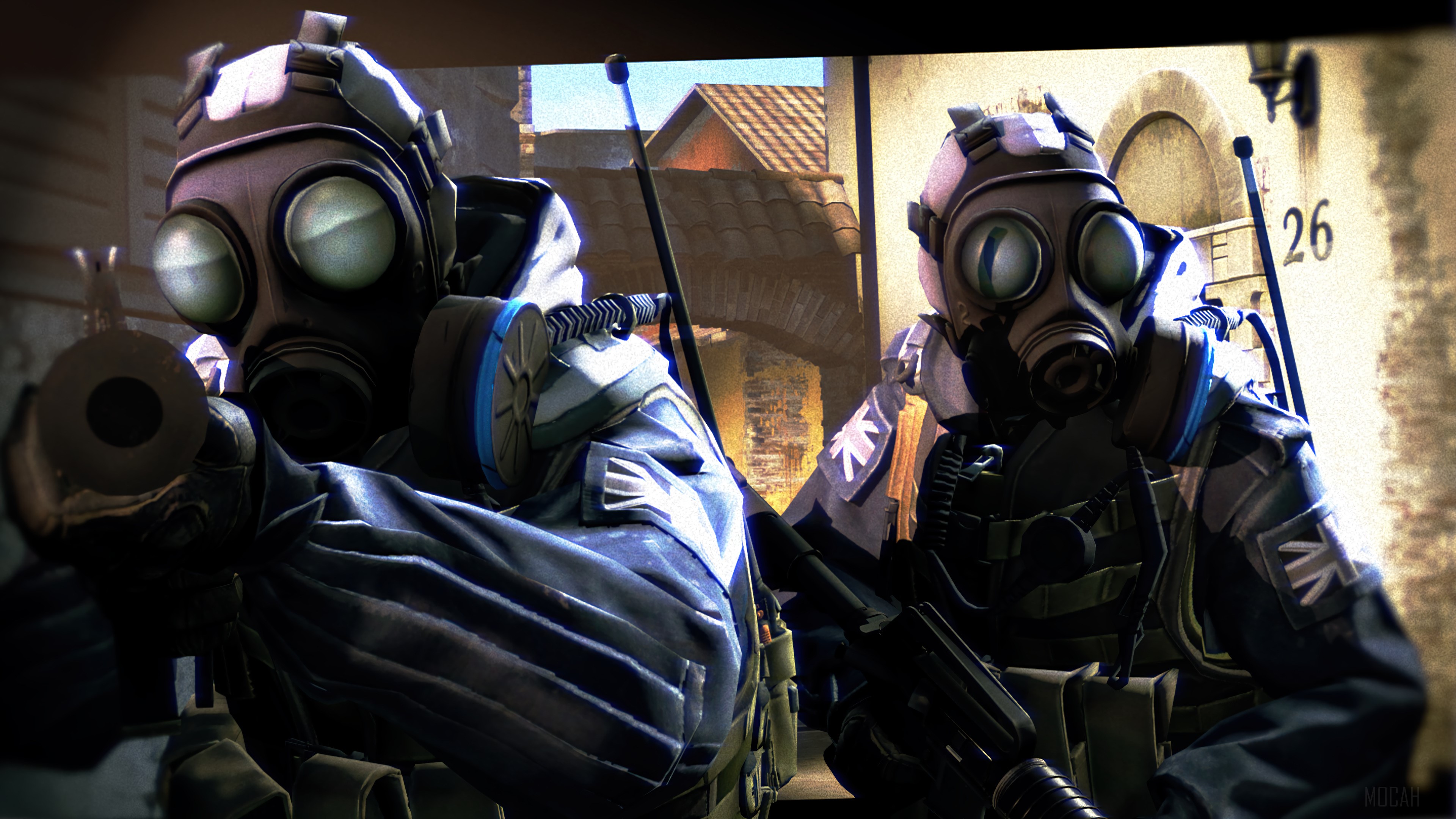 Two SAS counter-terrorist operatives in gas masks from Counter-Strike: Global Offensive, aiming their weapons in a European street