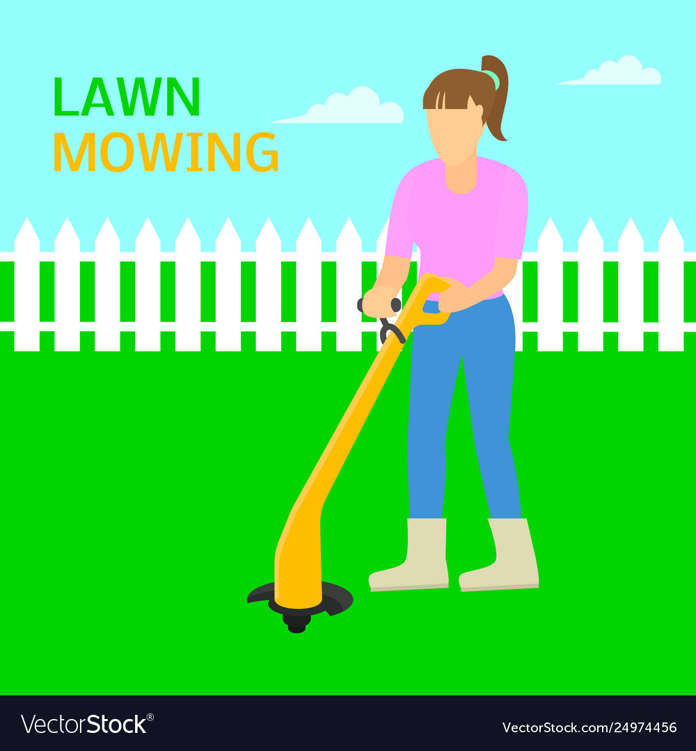 Woman Lawn Mowing Trimmer Concept Background Flat Vector Image