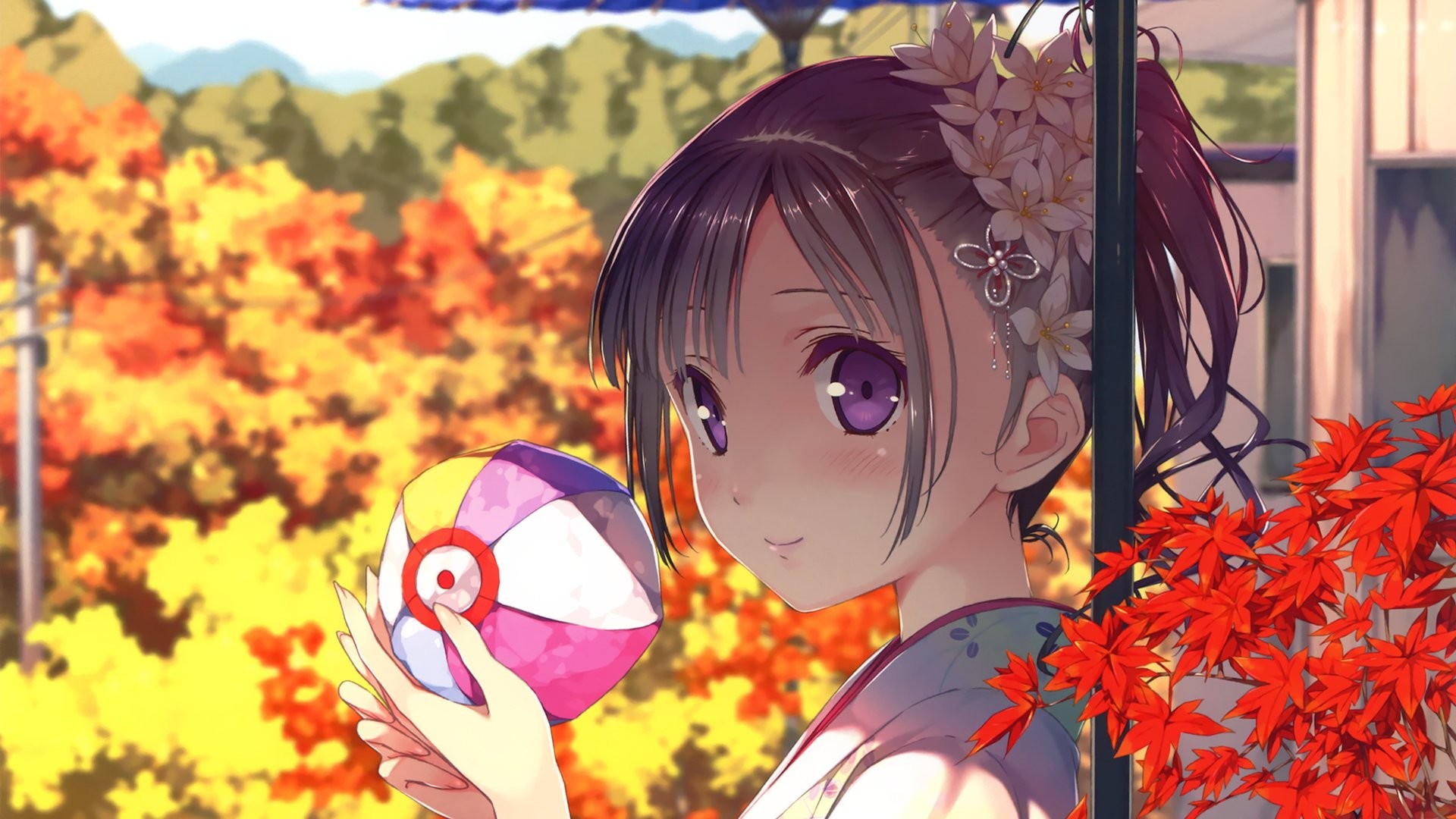 A cute anime girl in a yukata holds a colorful temari ball, with autumn leaves and a traditional Japanese backdrop