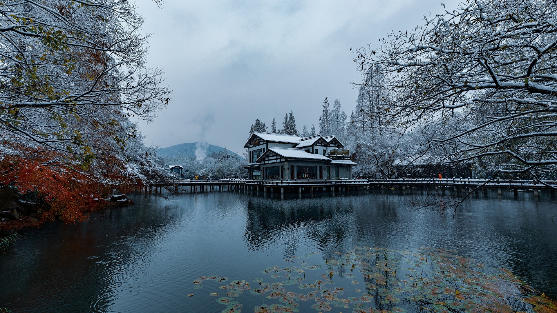 Picture China Hangzhou Winter Snow Lake Parks Houses