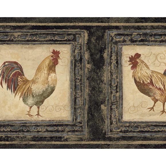 Wallpaper Border Waverly Framed Roosters On Tan /& Green