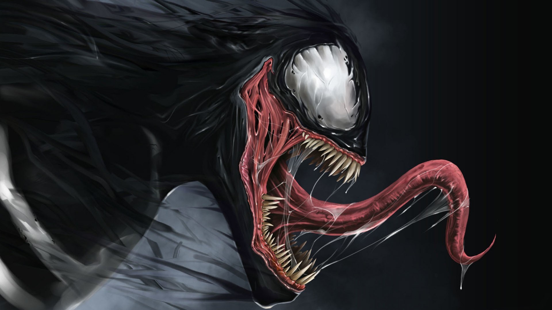 A menacing close-up of Venom, the iconic Marvel anti-hero, with his sharp teeth, long tongue, and swirling symbiote form